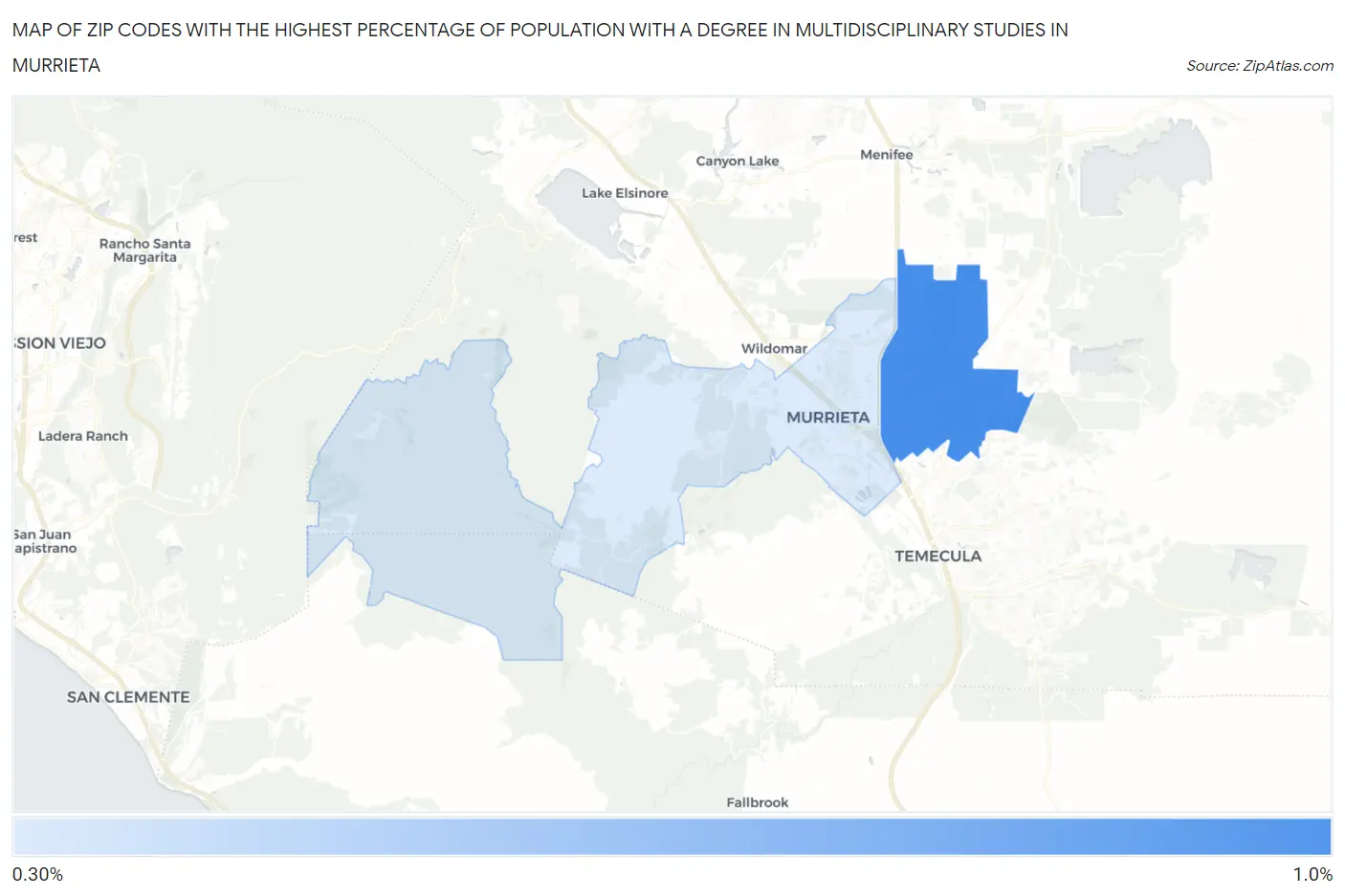 Zip Codes with the Highest Percentage of Population with a Degree in Multidisciplinary Studies in Murrieta Map