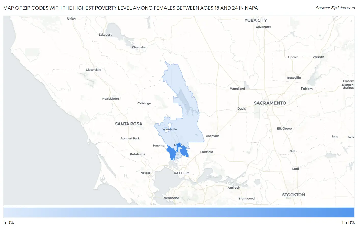 Zip Codes with the Highest Poverty Level Among Females Between Ages 18 and 24 in Napa Map