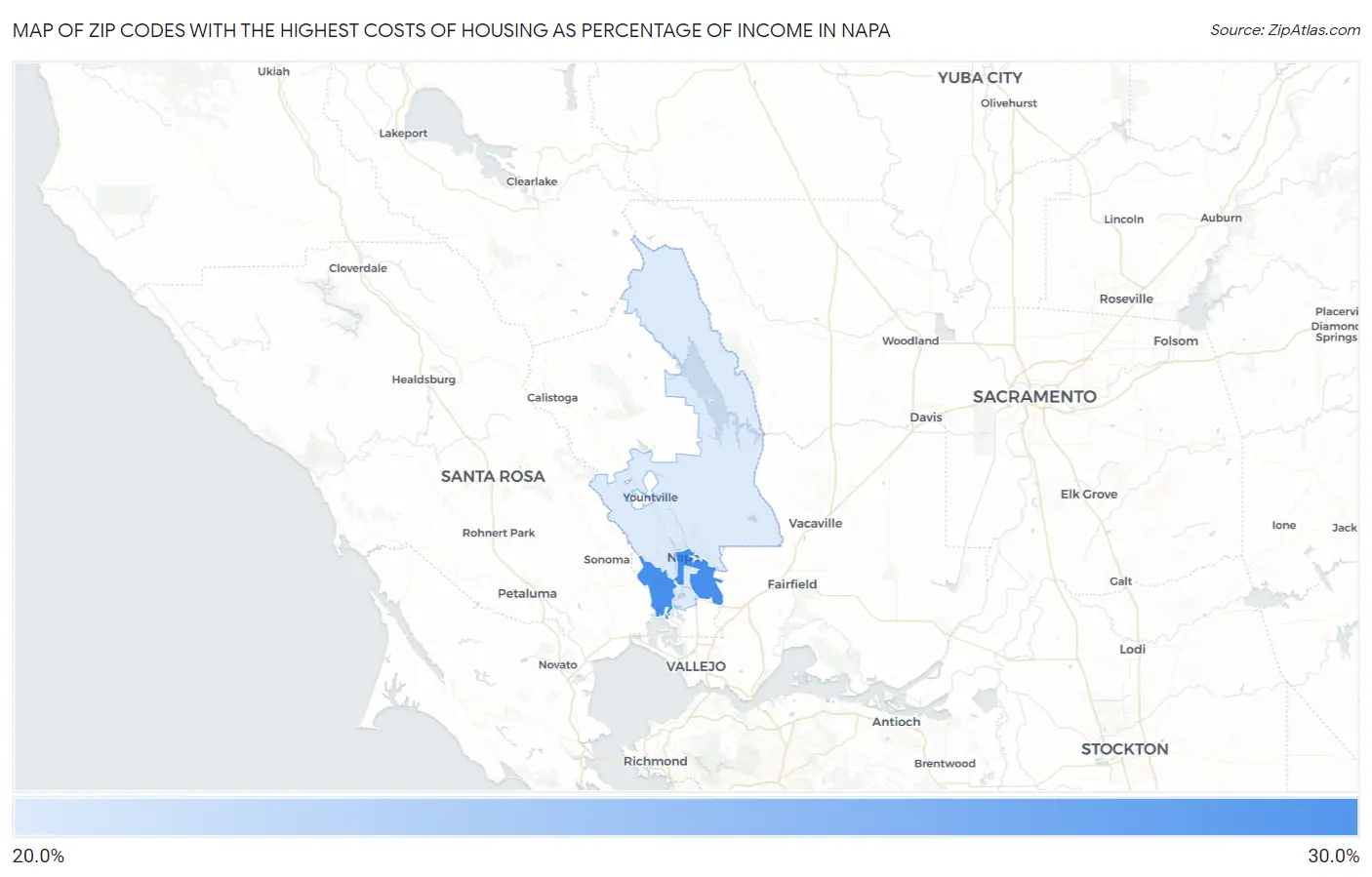 Zip Codes with the Highest Costs of Housing as Percentage of Income in Napa Map