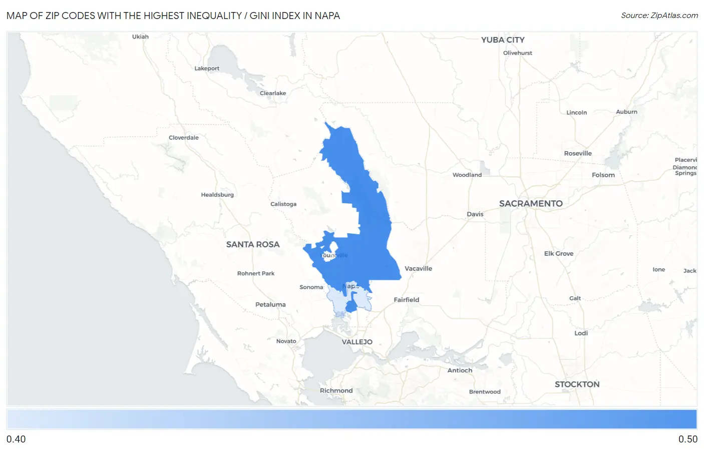 Zip Codes with the Highest Inequality / Gini Index in Napa Map