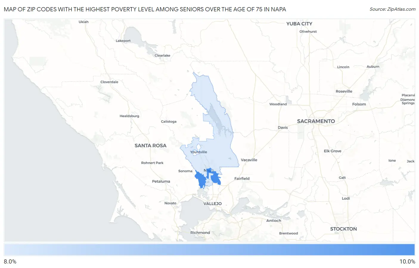 Zip Codes with the Highest Poverty Level Among Seniors Over the Age of 75 in Napa Map
