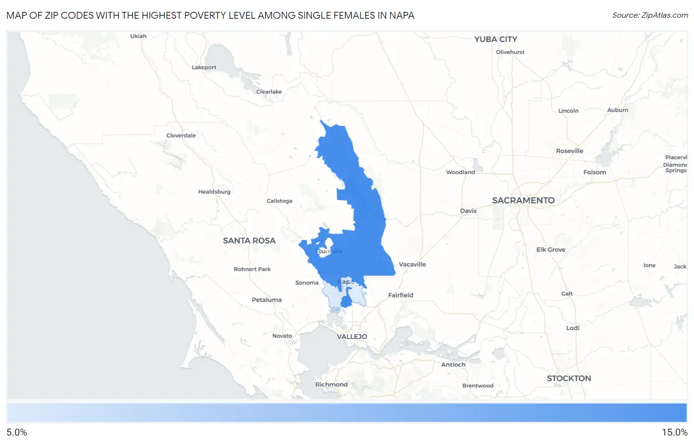 Zip Codes with the Highest Poverty Level Among Single Females in Napa Map
