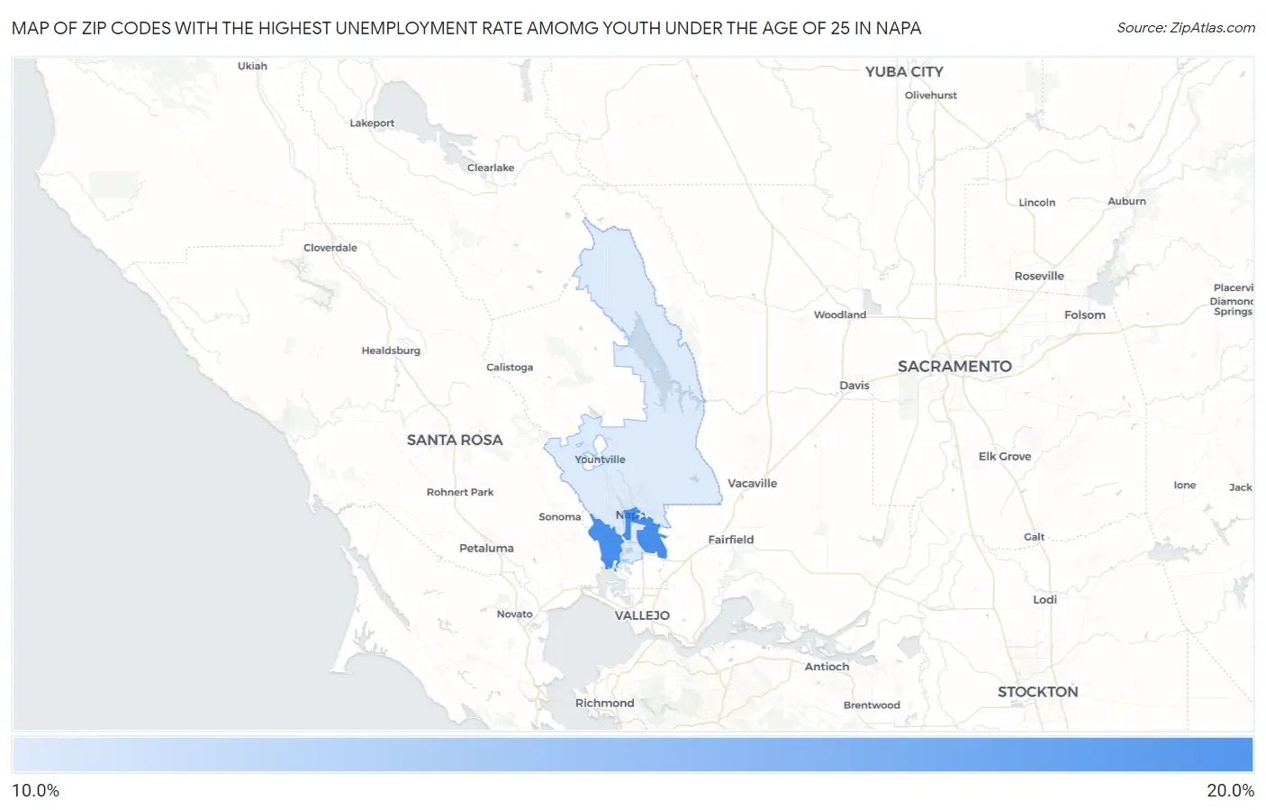 Zip Codes with the Highest Unemployment Rate Amomg Youth Under the Age of 25 in Napa Map