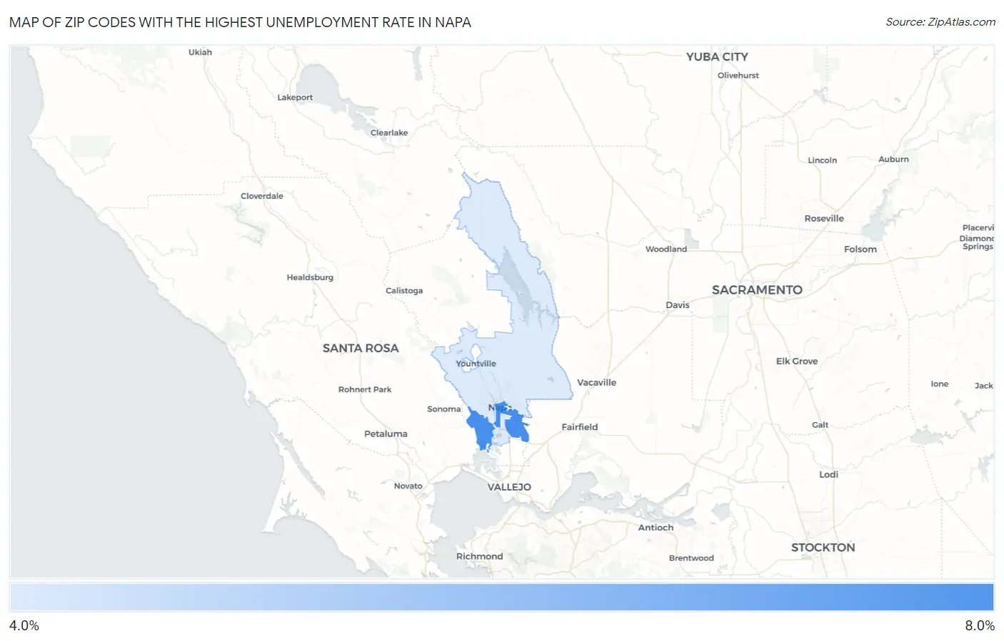 Zip Codes with the Highest Unemployment Rate in Napa Map