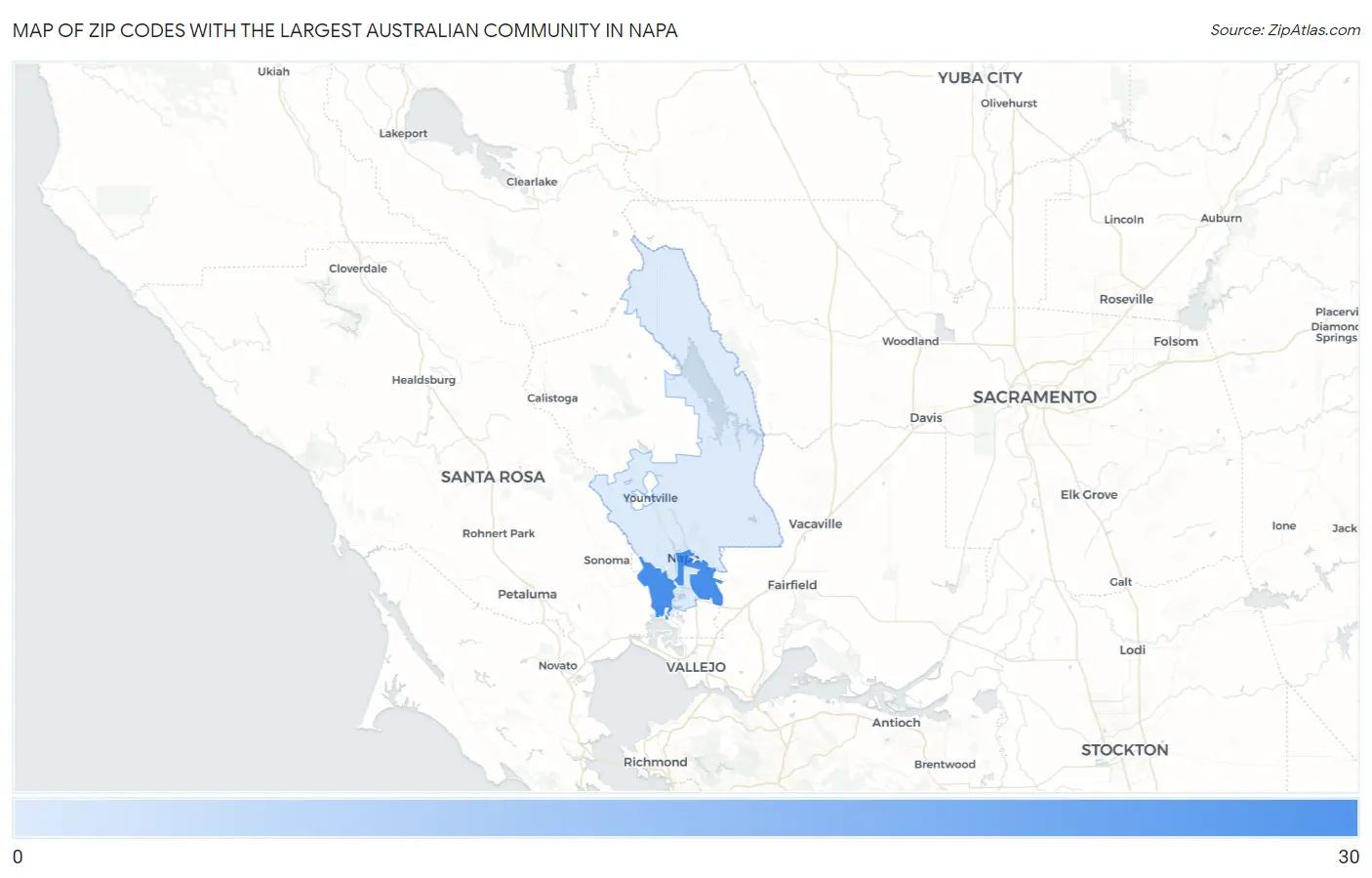 Zip Codes with the Largest Australian Community in Napa Map