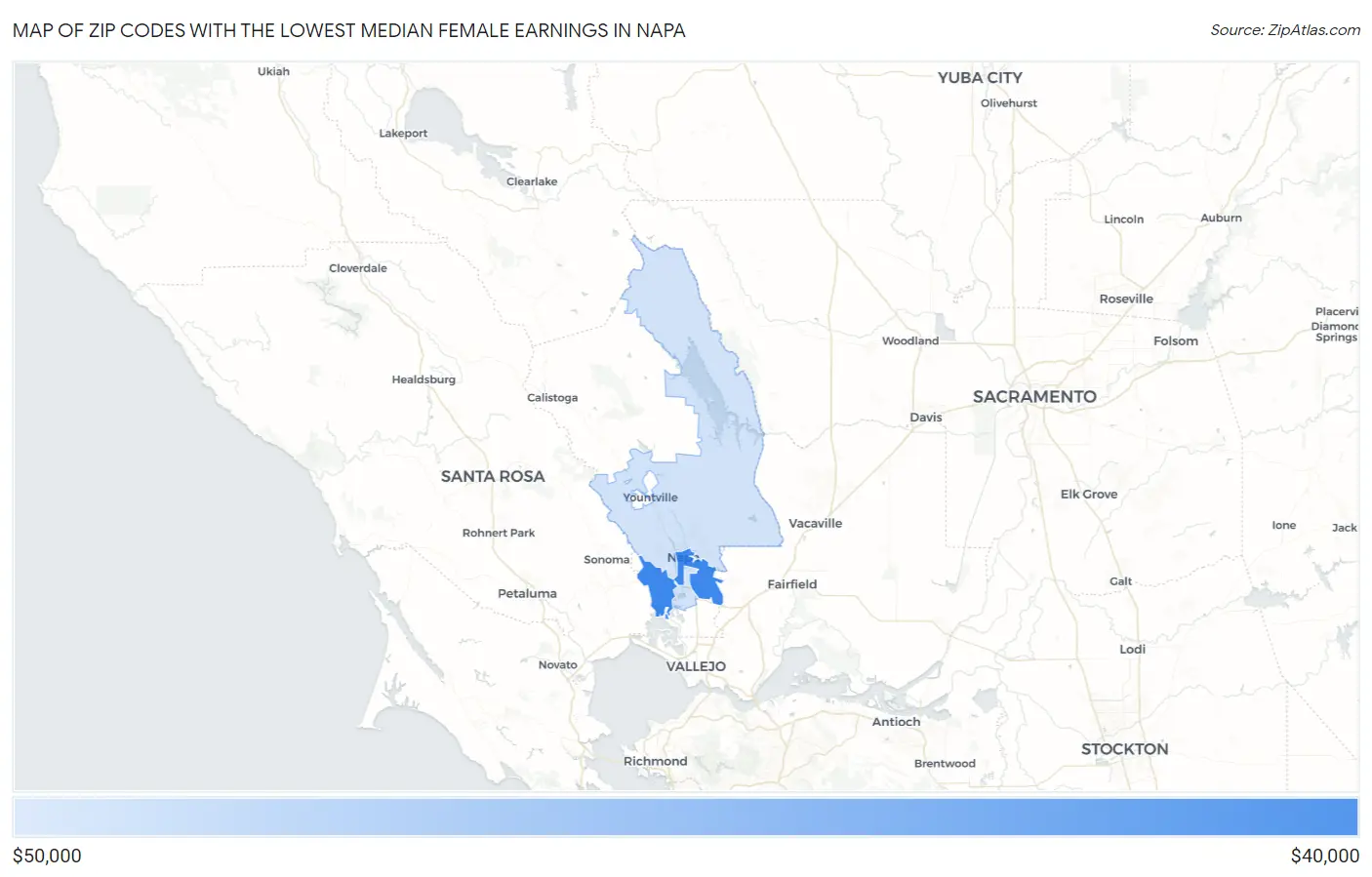 Zip Codes with the Lowest Median Female Earnings in Napa Map