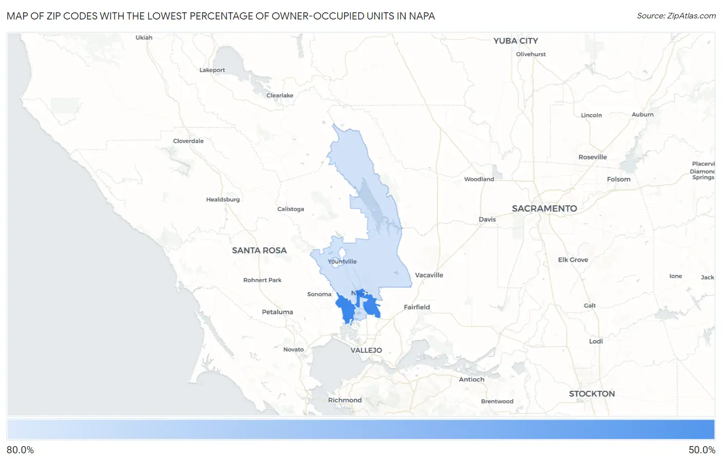 Zip Codes with the Lowest Percentage of Owner-Occupied Units in Napa Map