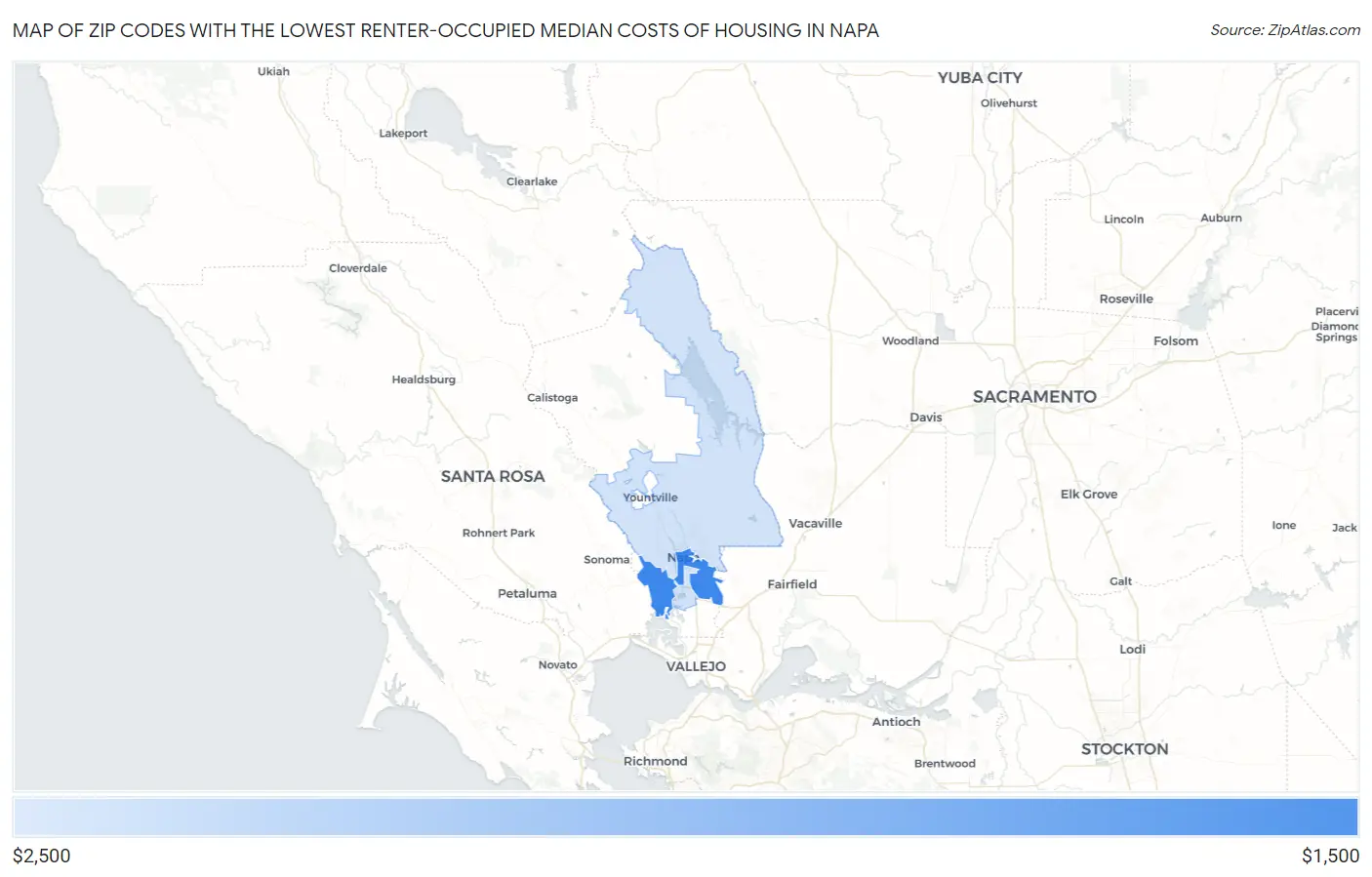 Zip Codes with the Lowest Renter-Occupied Median Costs of Housing in Napa Map