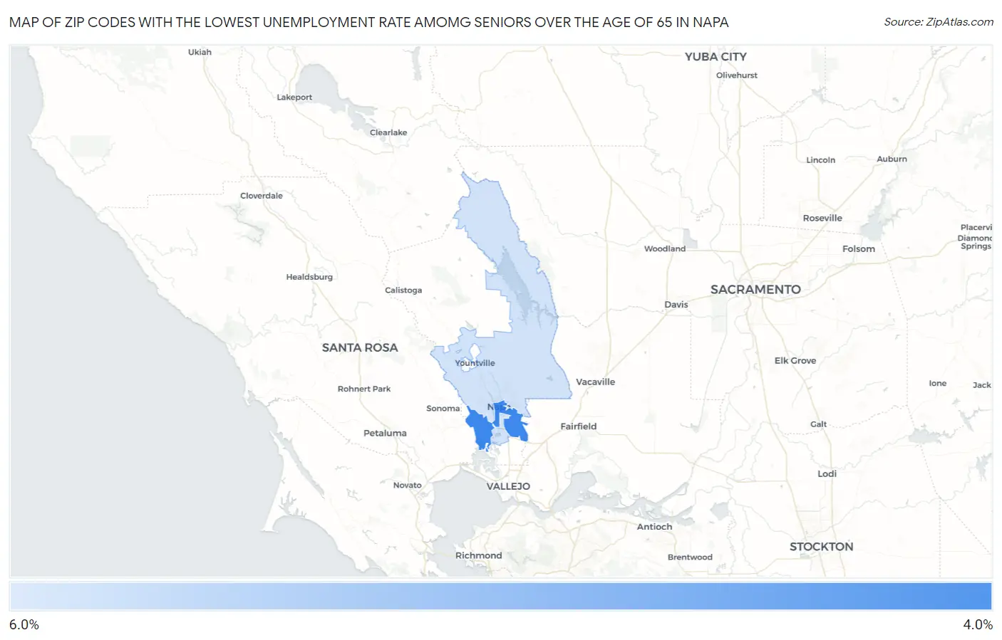 Zip Codes with the Lowest Unemployment Rate Amomg Seniors Over the Age of 65 in Napa Map
