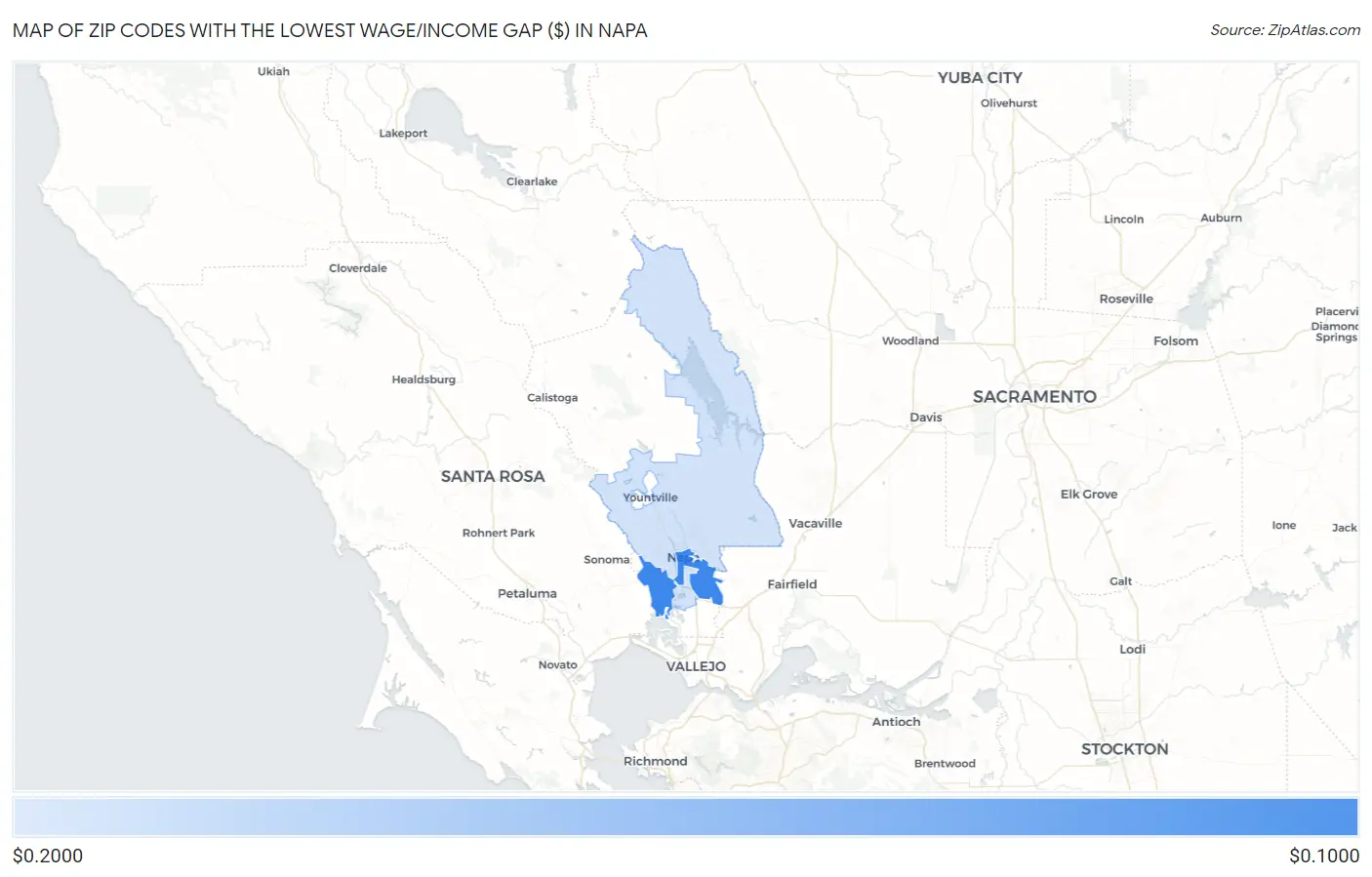 Zip Codes with the Lowest Wage/Income Gap ($) in Napa Map