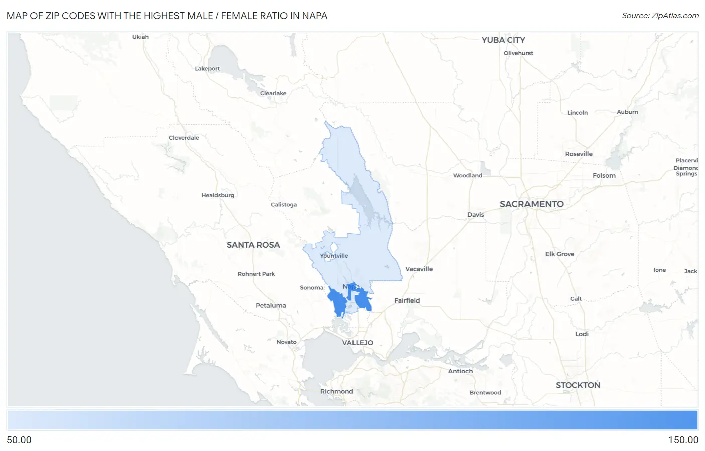 Zip Codes with the Highest Male / Female Ratio in Napa Map