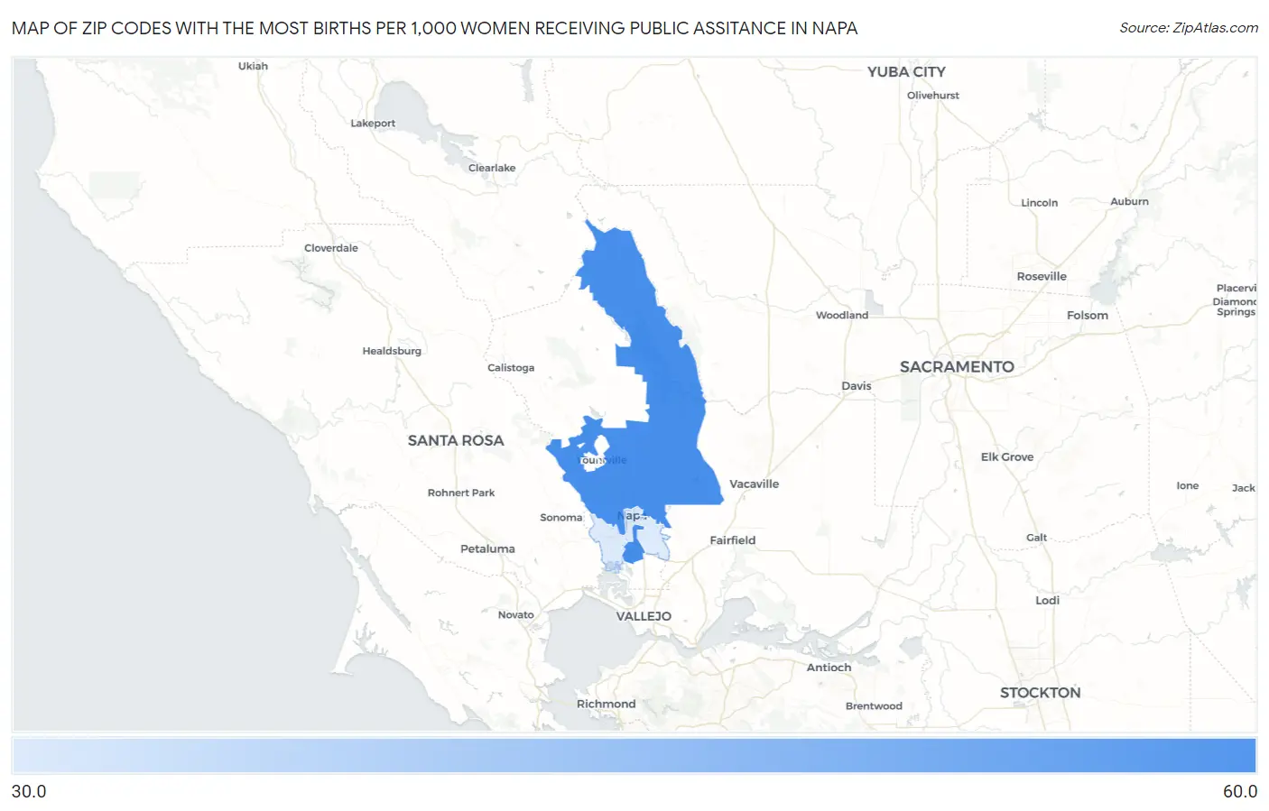 Zip Codes with the Most Births per 1,000 Women Receiving Public Assitance in Napa Map