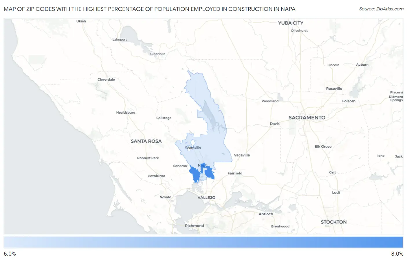 Zip Codes with the Highest Percentage of Population Employed in Construction in Napa Map