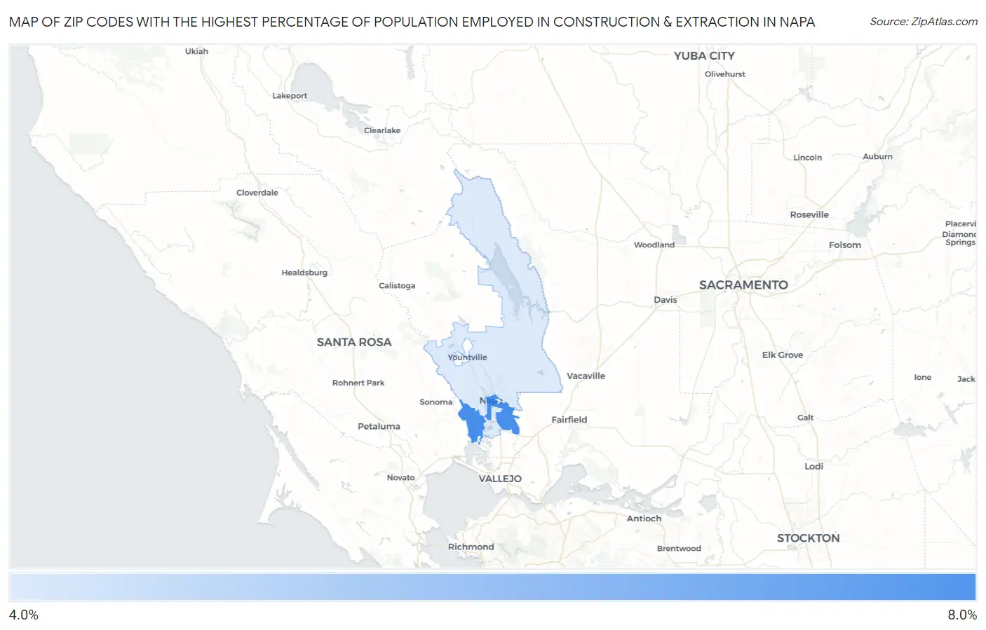 Zip Codes with the Highest Percentage of Population Employed in Construction & Extraction in Napa Map