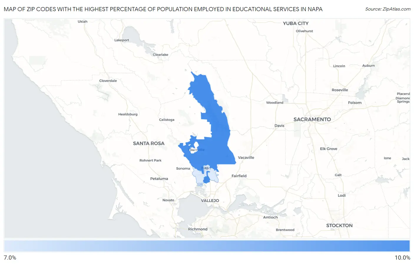 Zip Codes with the Highest Percentage of Population Employed in Educational Services in Napa Map