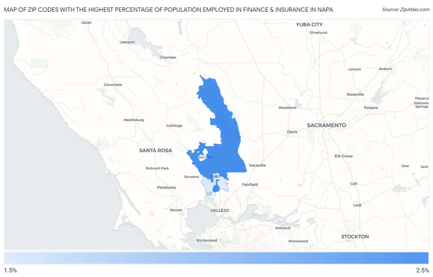 Zip Codes with the Highest Percentage of Population Employed in Finance & Insurance in Napa Map