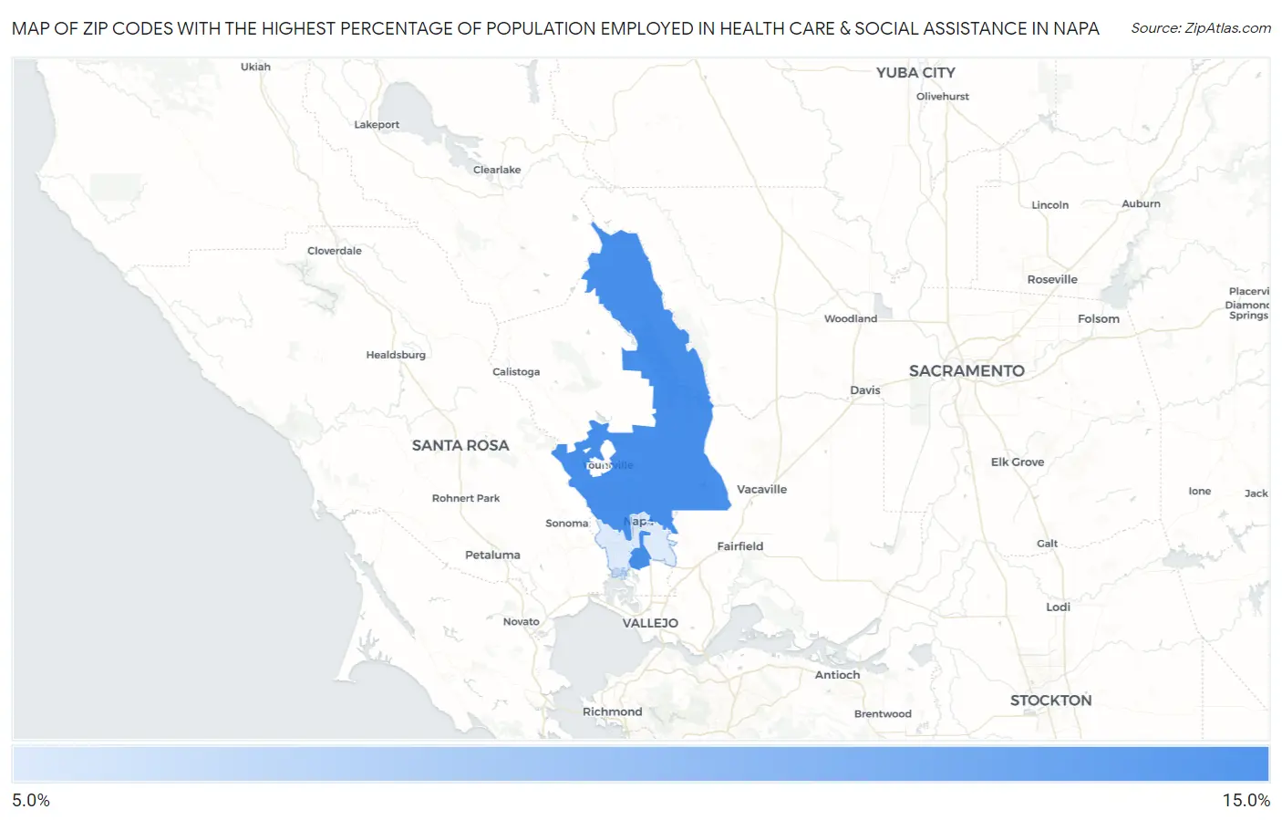 Zip Codes with the Highest Percentage of Population Employed in Health Care & Social Assistance in Napa Map