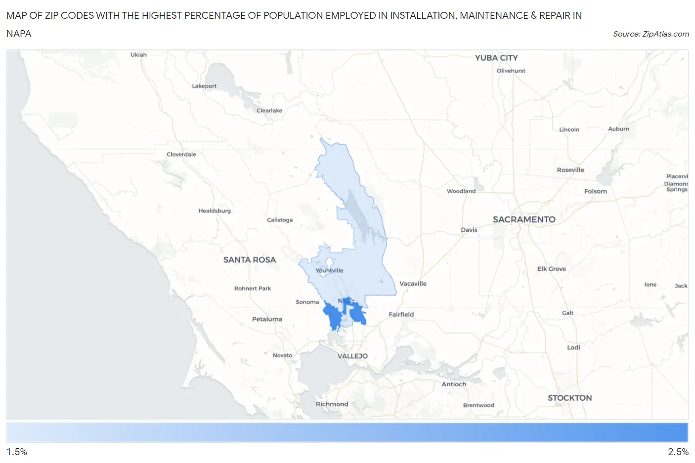 Zip Codes with the Highest Percentage of Population Employed in Installation, Maintenance & Repair in Napa Map