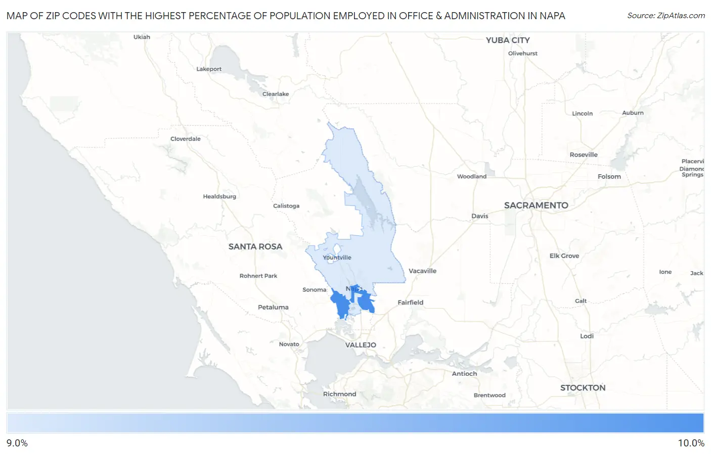 Zip Codes with the Highest Percentage of Population Employed in Office & Administration in Napa Map
