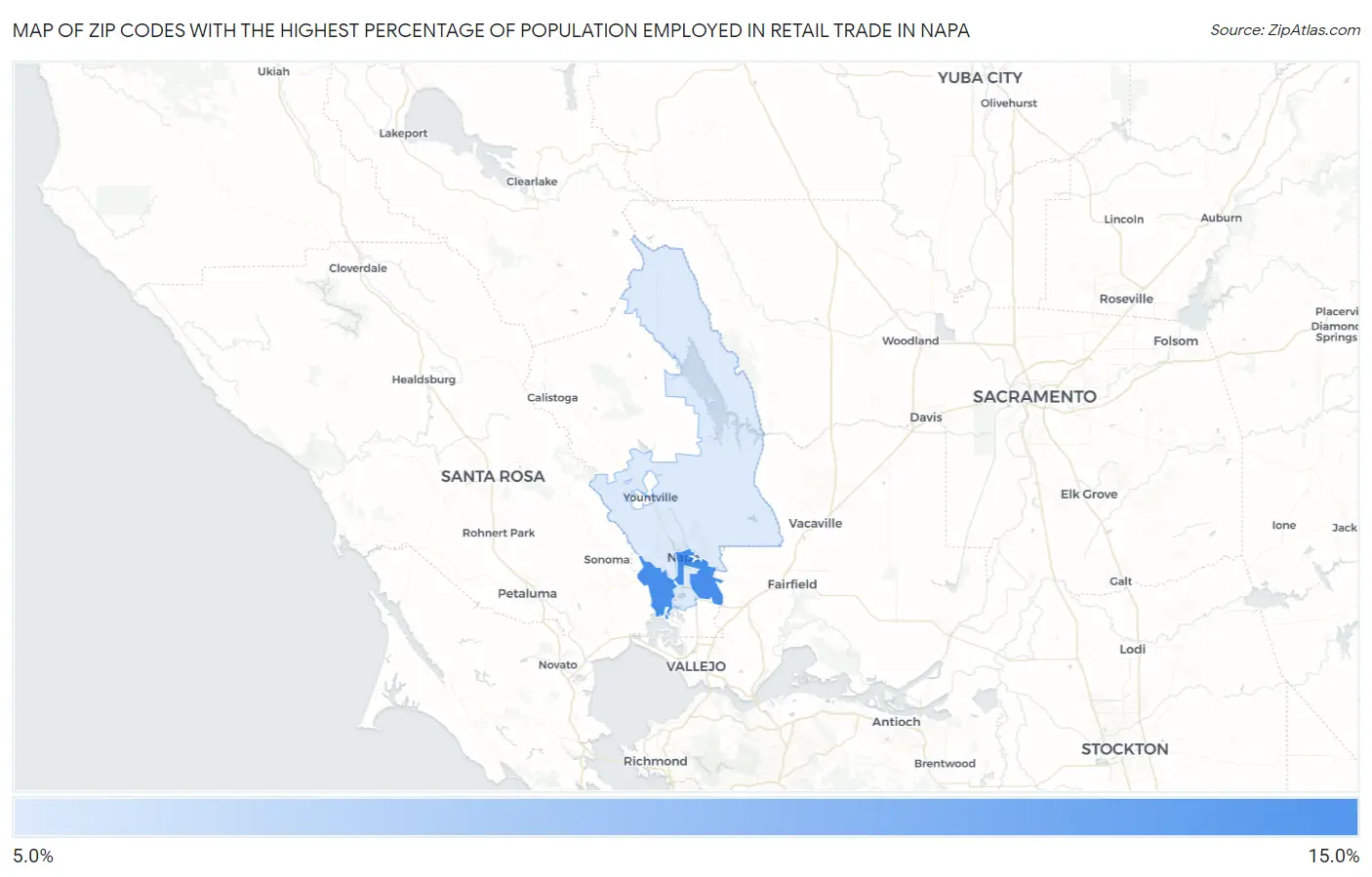 Zip Codes with the Highest Percentage of Population Employed in Retail Trade in Napa Map