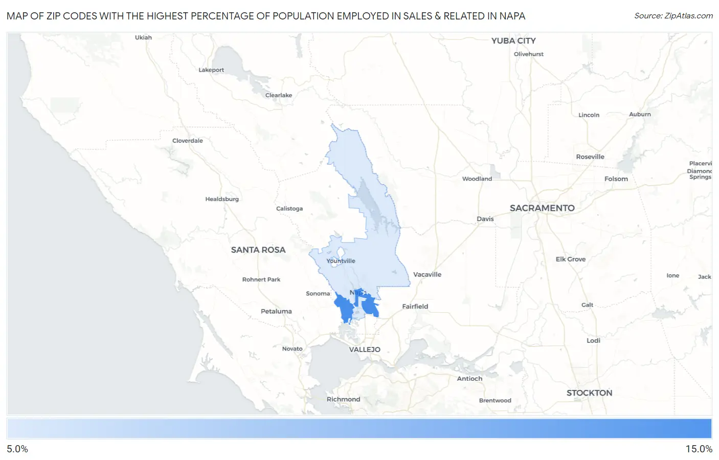 Zip Codes with the Highest Percentage of Population Employed in Sales & Related in Napa Map