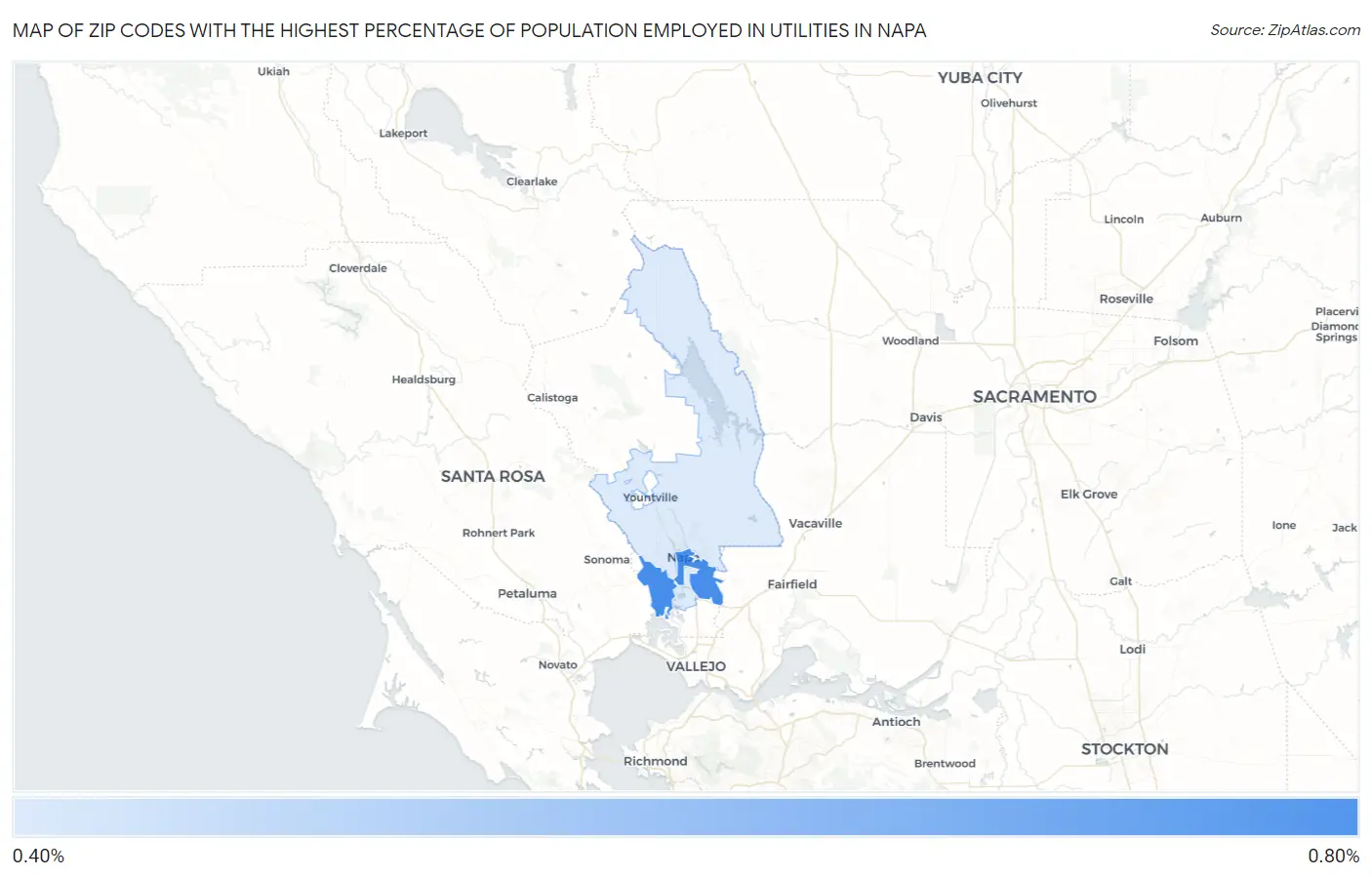 Zip Codes with the Highest Percentage of Population Employed in Utilities in Napa Map