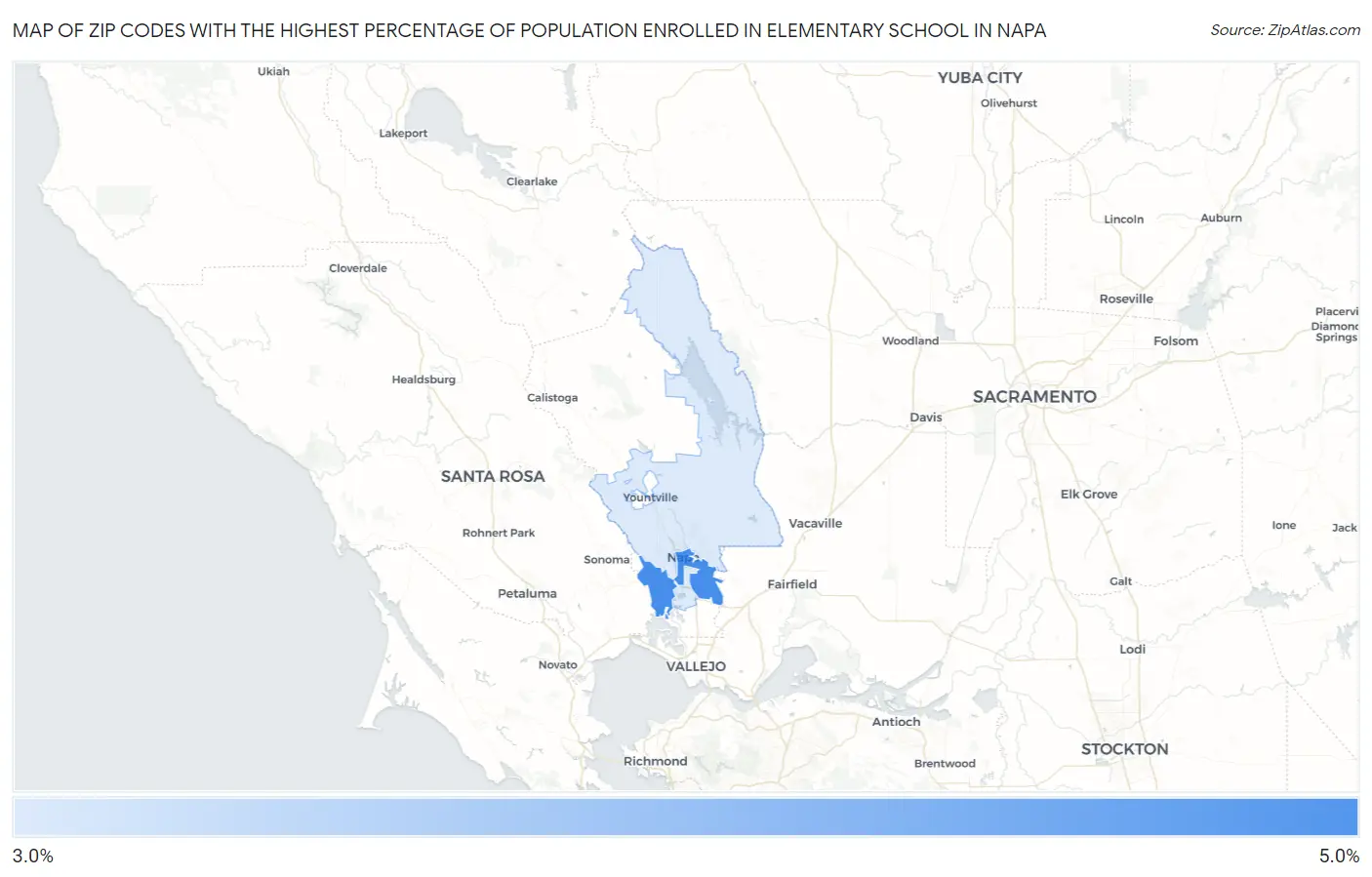 Zip Codes with the Highest Percentage of Population Enrolled in Elementary School in Napa Map