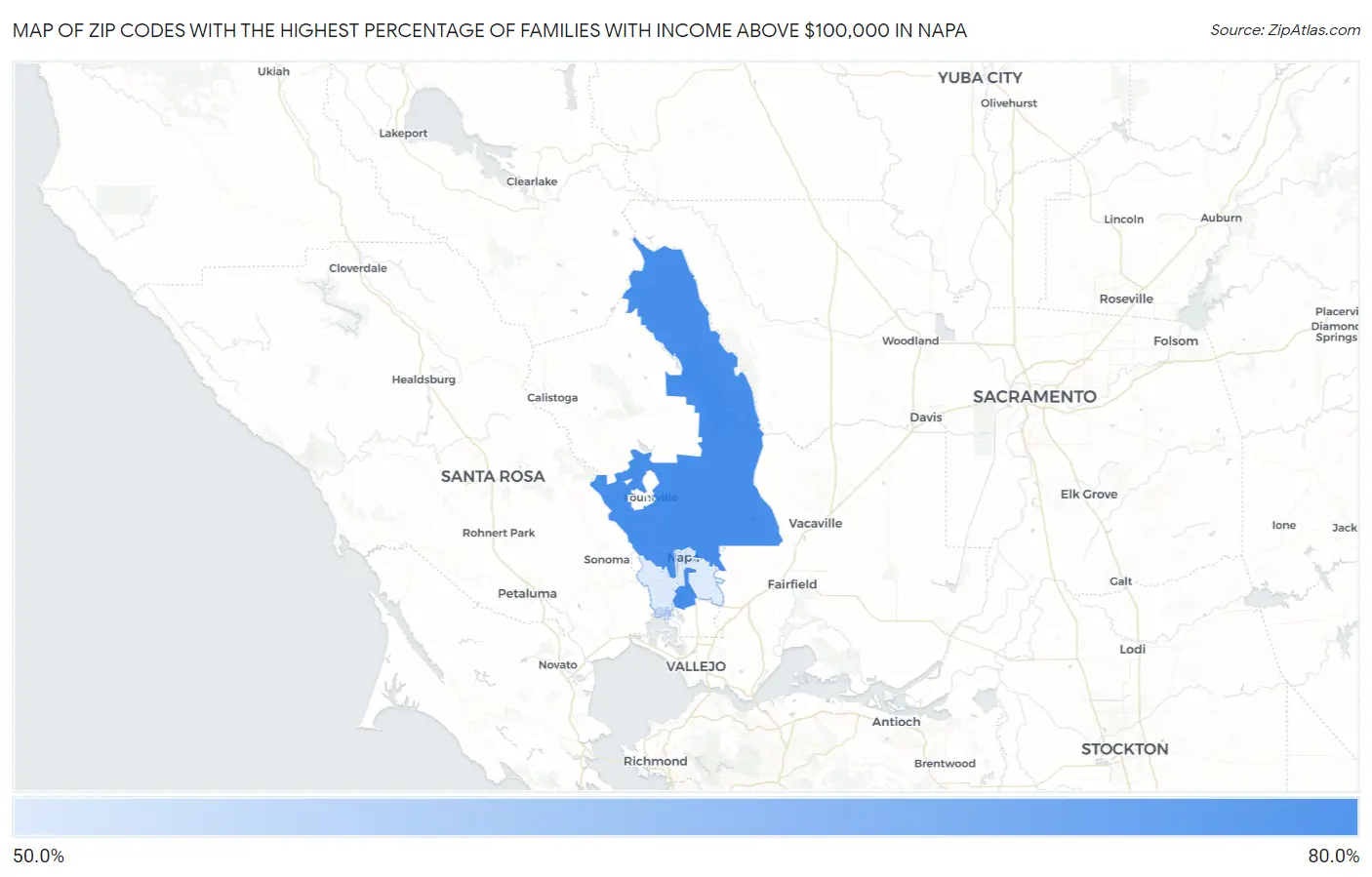 Zip Codes with the Highest Percentage of Families with Income Above $100,000 in Napa Map
