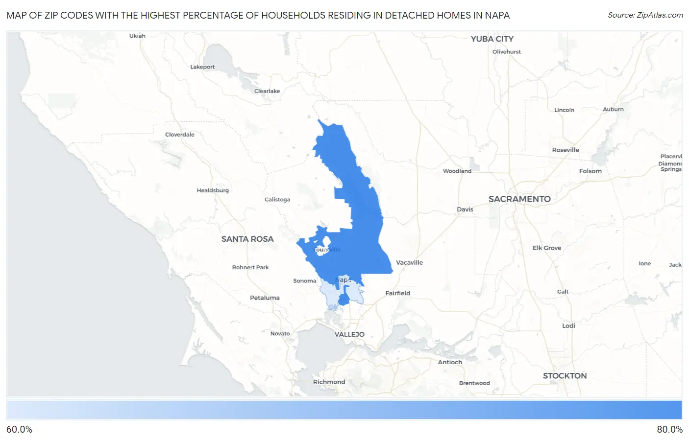 Zip Codes with the Highest Percentage of Households Residing in Detached Homes in Napa Map