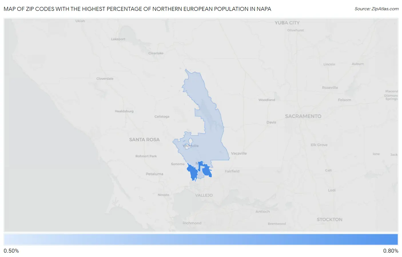 Zip Codes with the Highest Percentage of Northern European Population in Napa Map