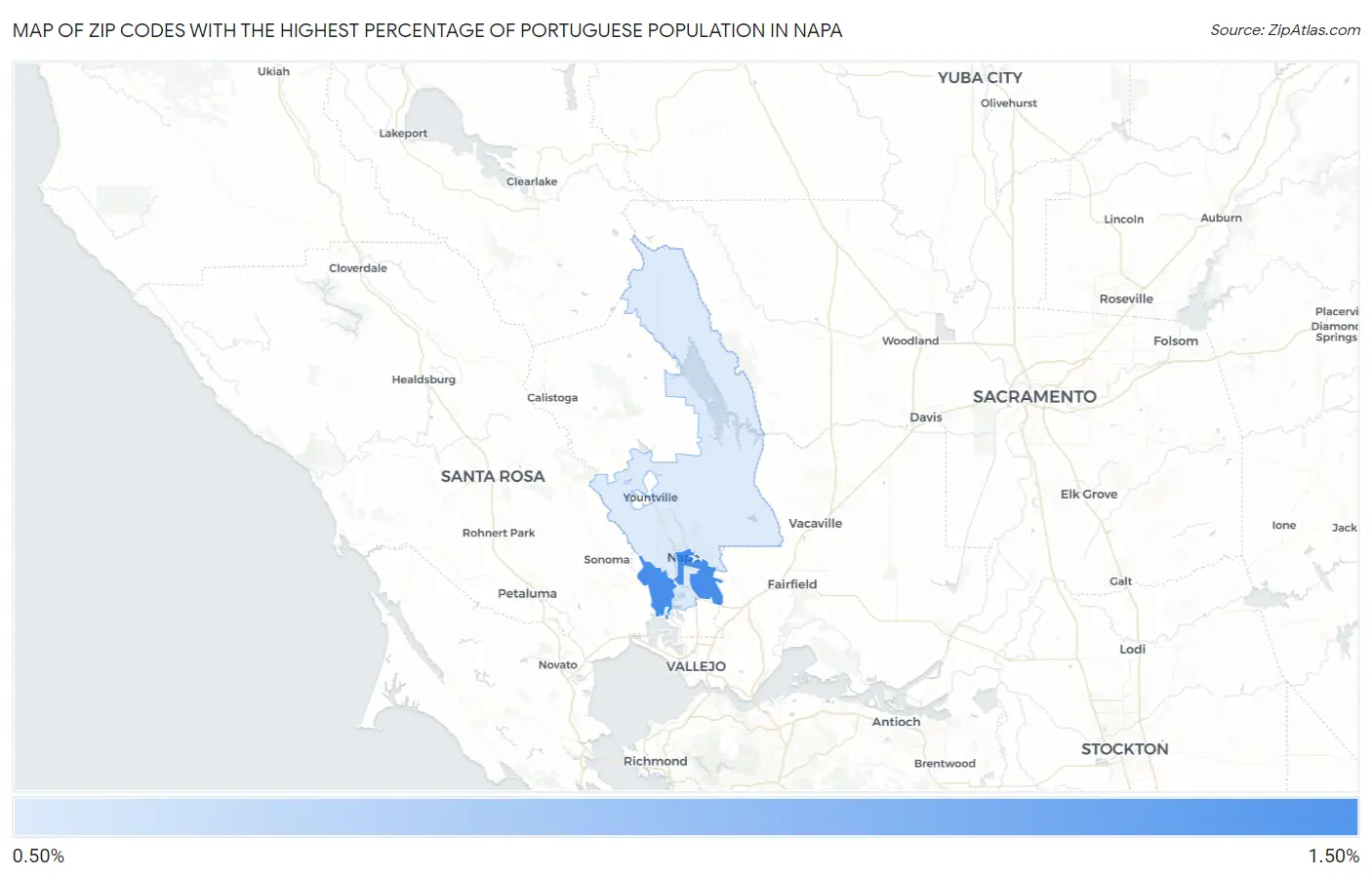 Zip Codes with the Highest Percentage of Portuguese Population in Napa Map