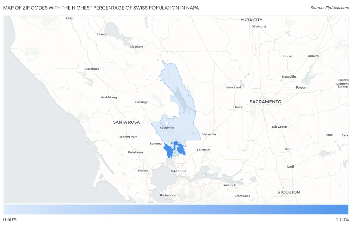 Zip Codes with the Highest Percentage of Swiss Population in Napa Map