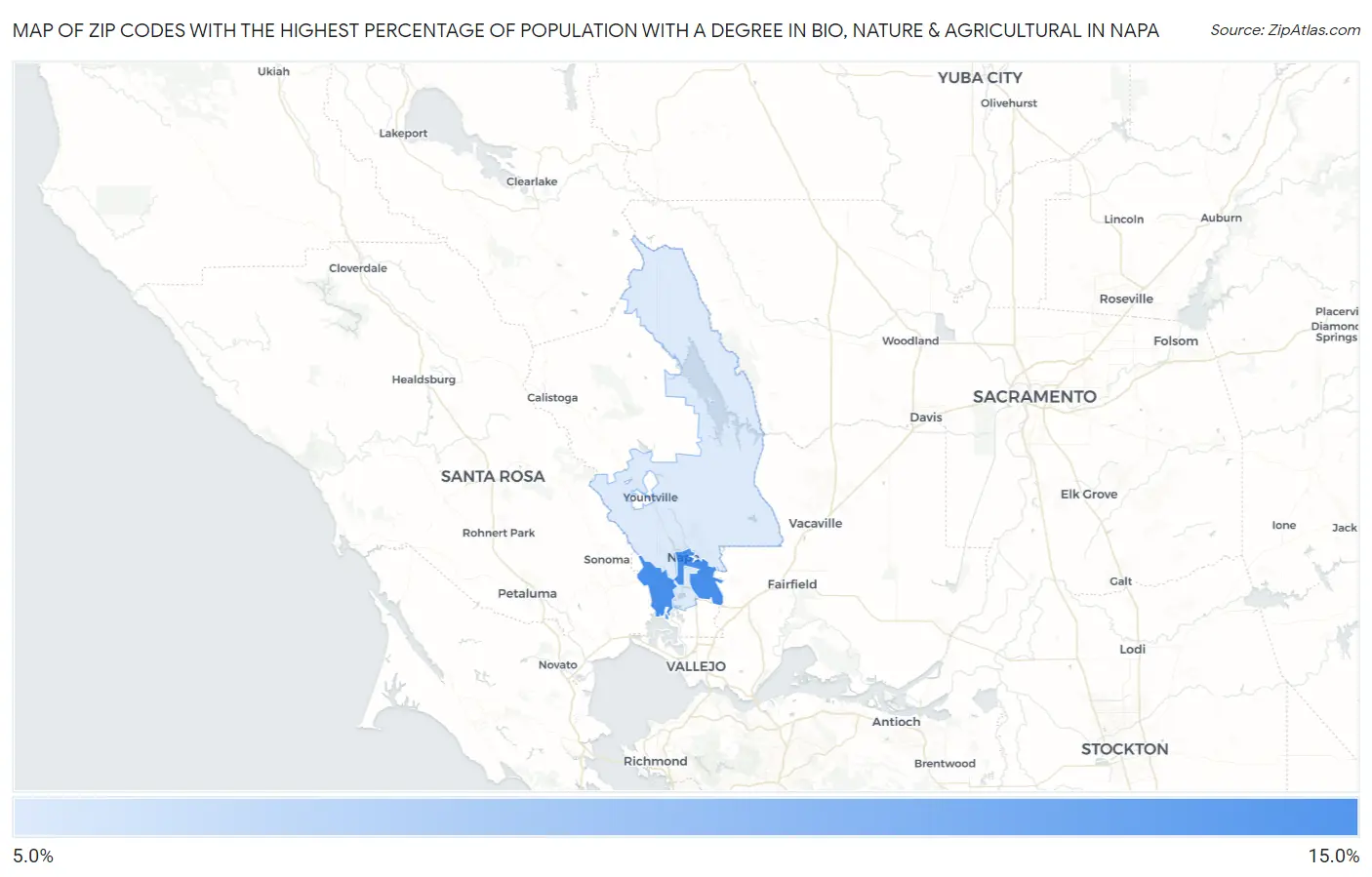 Zip Codes with the Highest Percentage of Population with a Degree in Bio, Nature & Agricultural in Napa Map