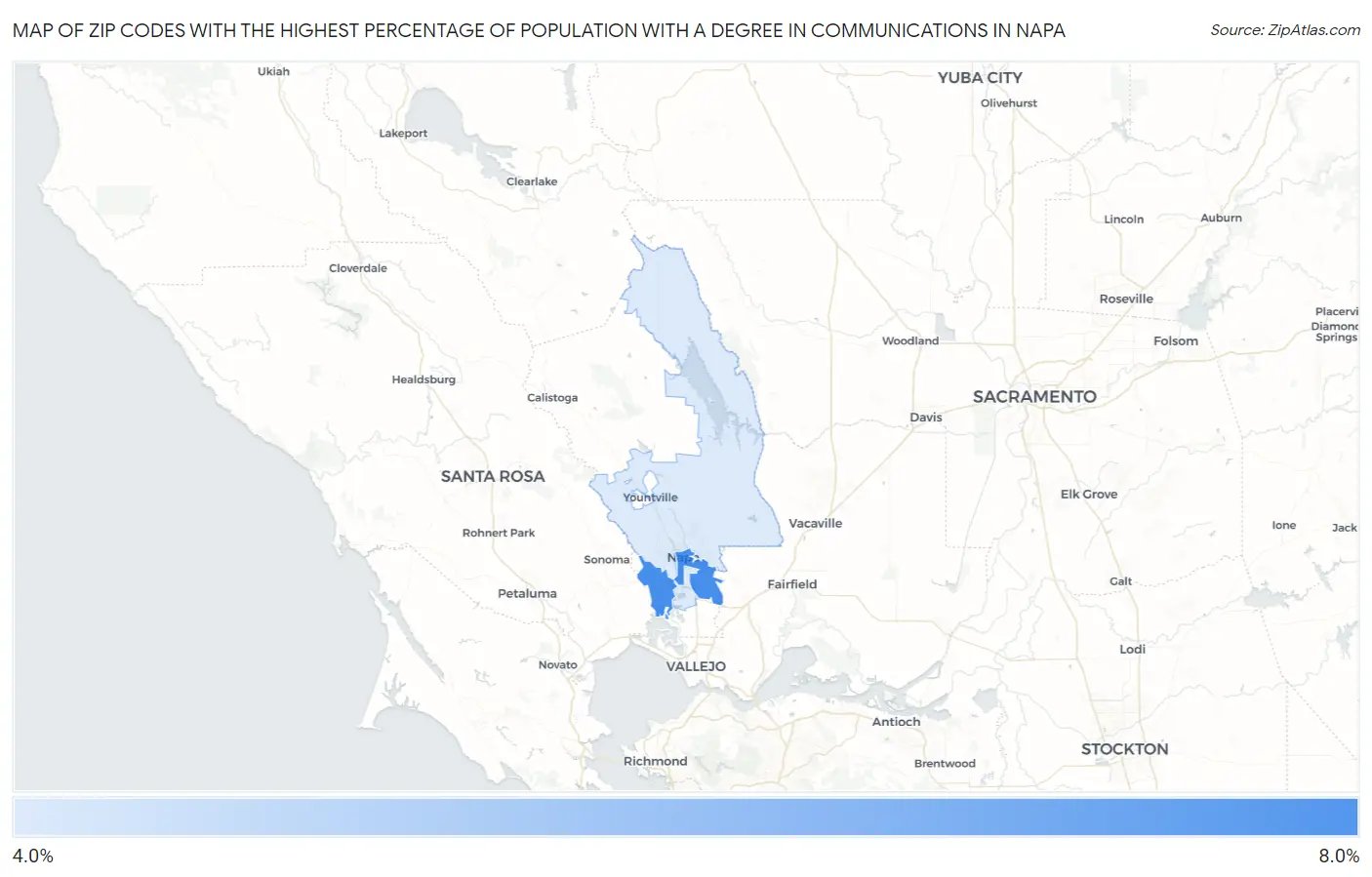 Zip Codes with the Highest Percentage of Population with a Degree in Communications in Napa Map