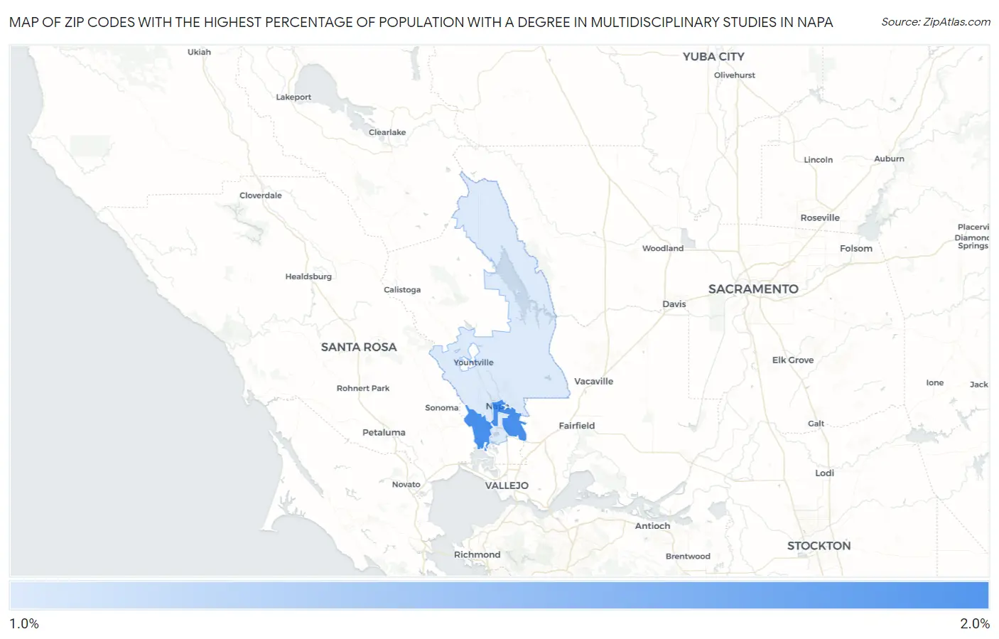 Zip Codes with the Highest Percentage of Population with a Degree in Multidisciplinary Studies in Napa Map