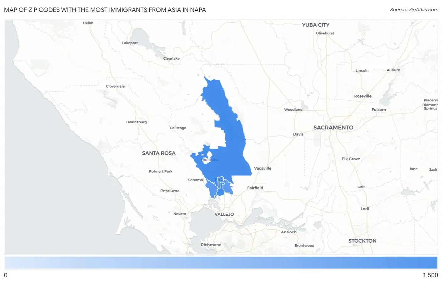 Zip Codes with the Most Immigrants from Asia in Napa Map