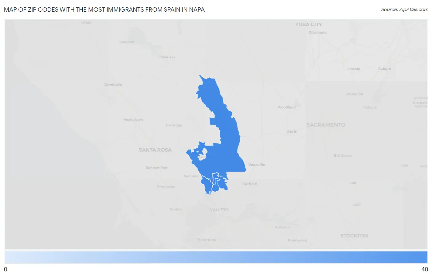 Zip Codes with the Most Immigrants from Spain in Napa Map