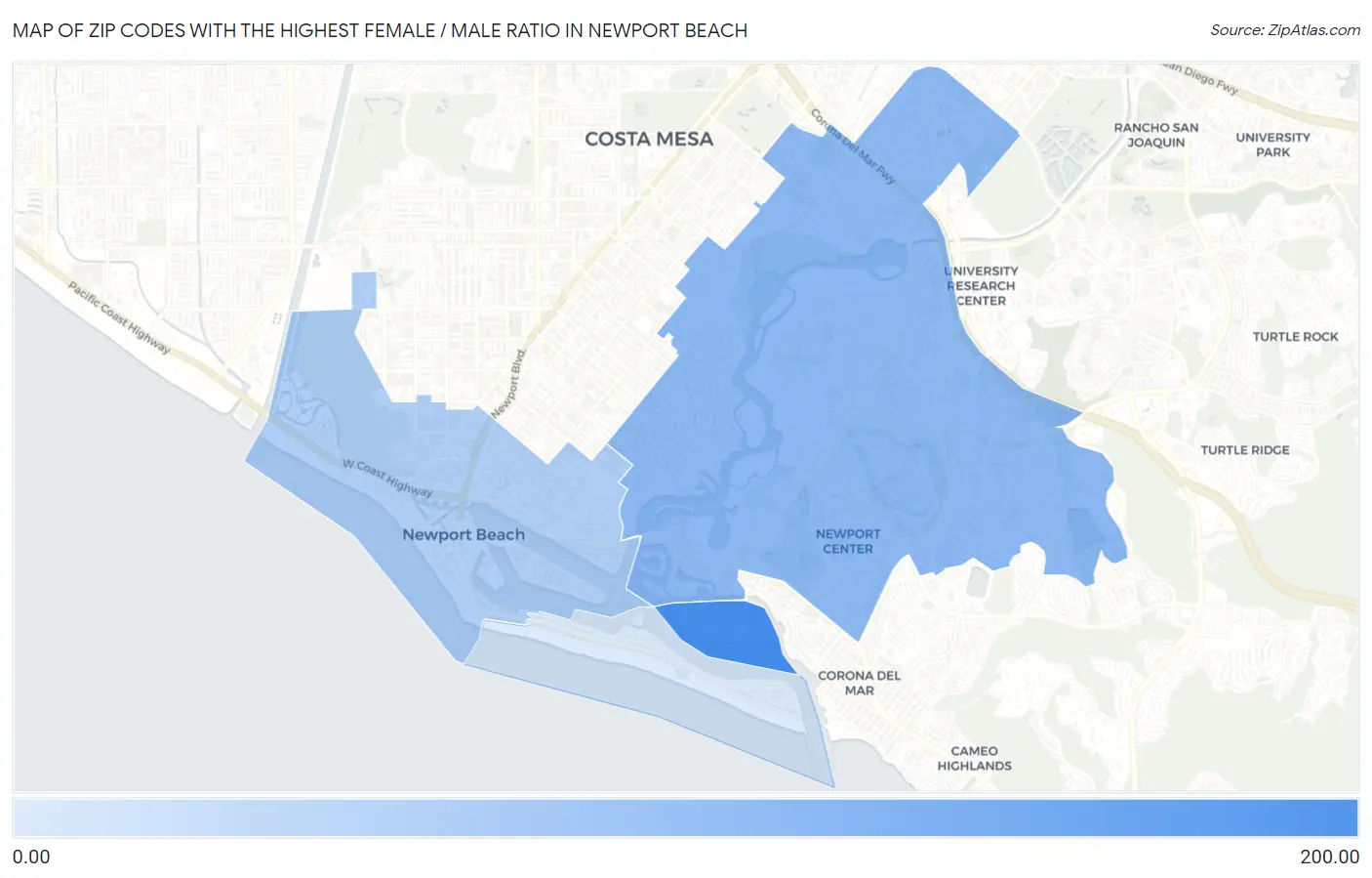 Zip Codes with the Highest Female / Male Ratio in Newport Beach Map