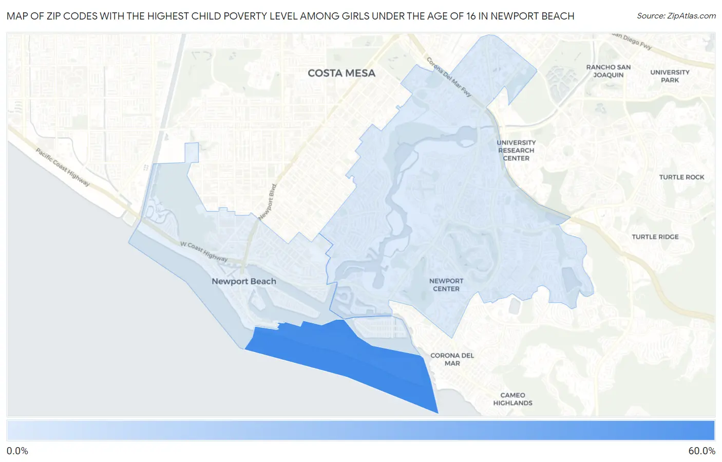 Zip Codes with the Highest Child Poverty Level Among Girls Under the Age of 16 in Newport Beach Map