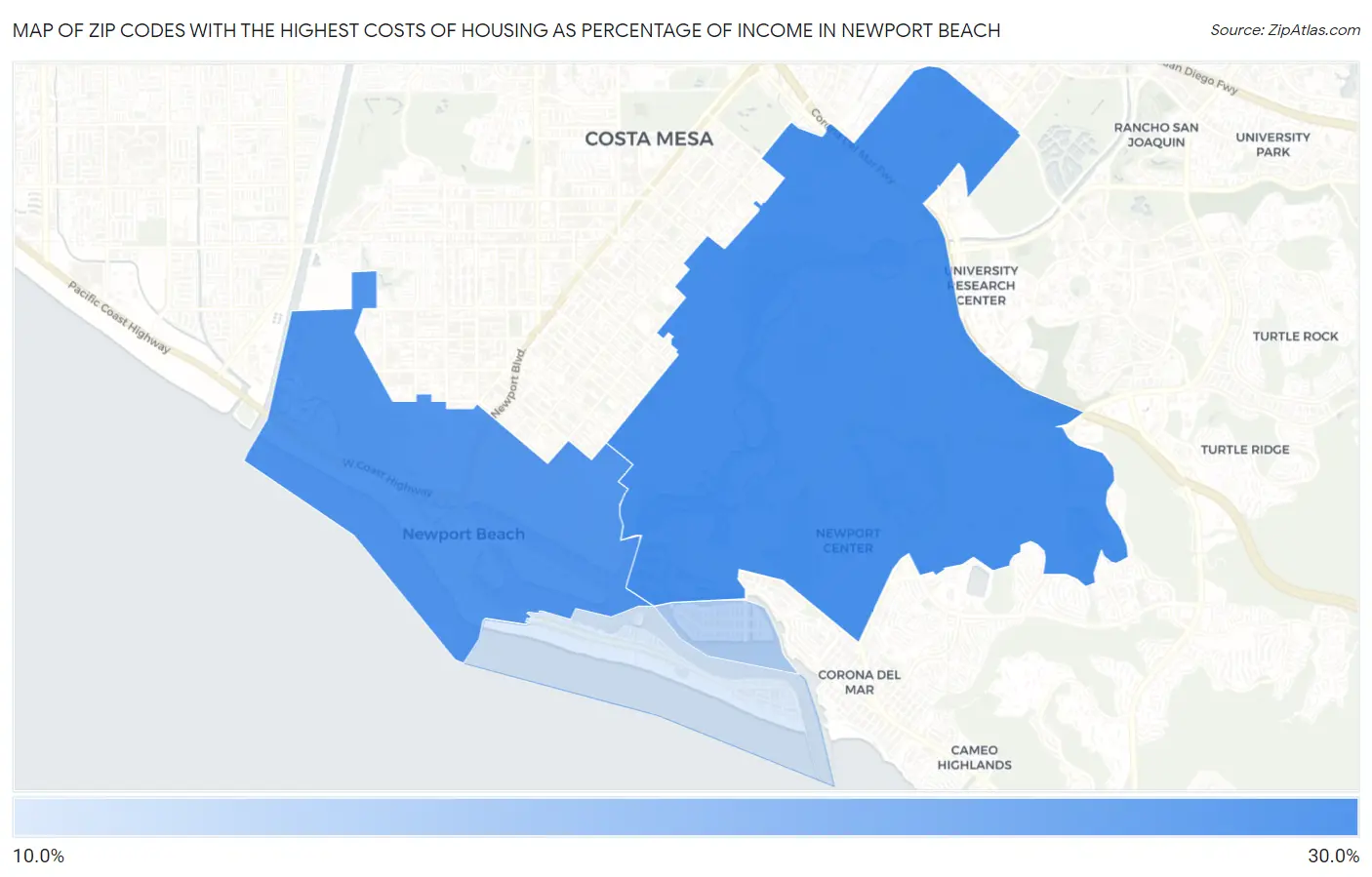 Zip Codes with the Highest Costs of Housing as Percentage of Income in Newport Beach Map