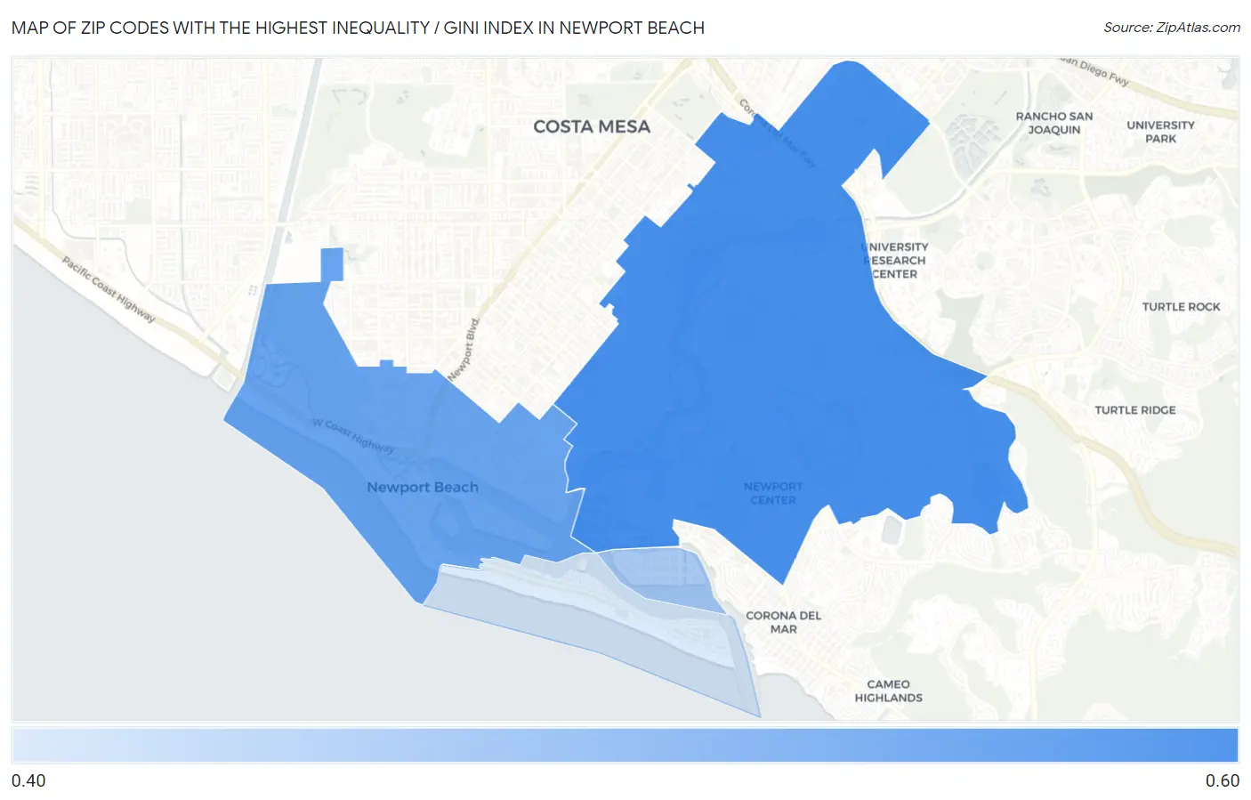 Zip Codes with the Highest Inequality / Gini Index in Newport Beach Map