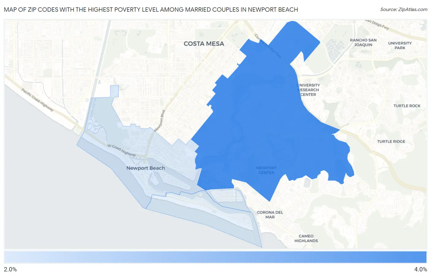 Zip Codes with the Highest Poverty Level Among Married Couples in Newport Beach Map