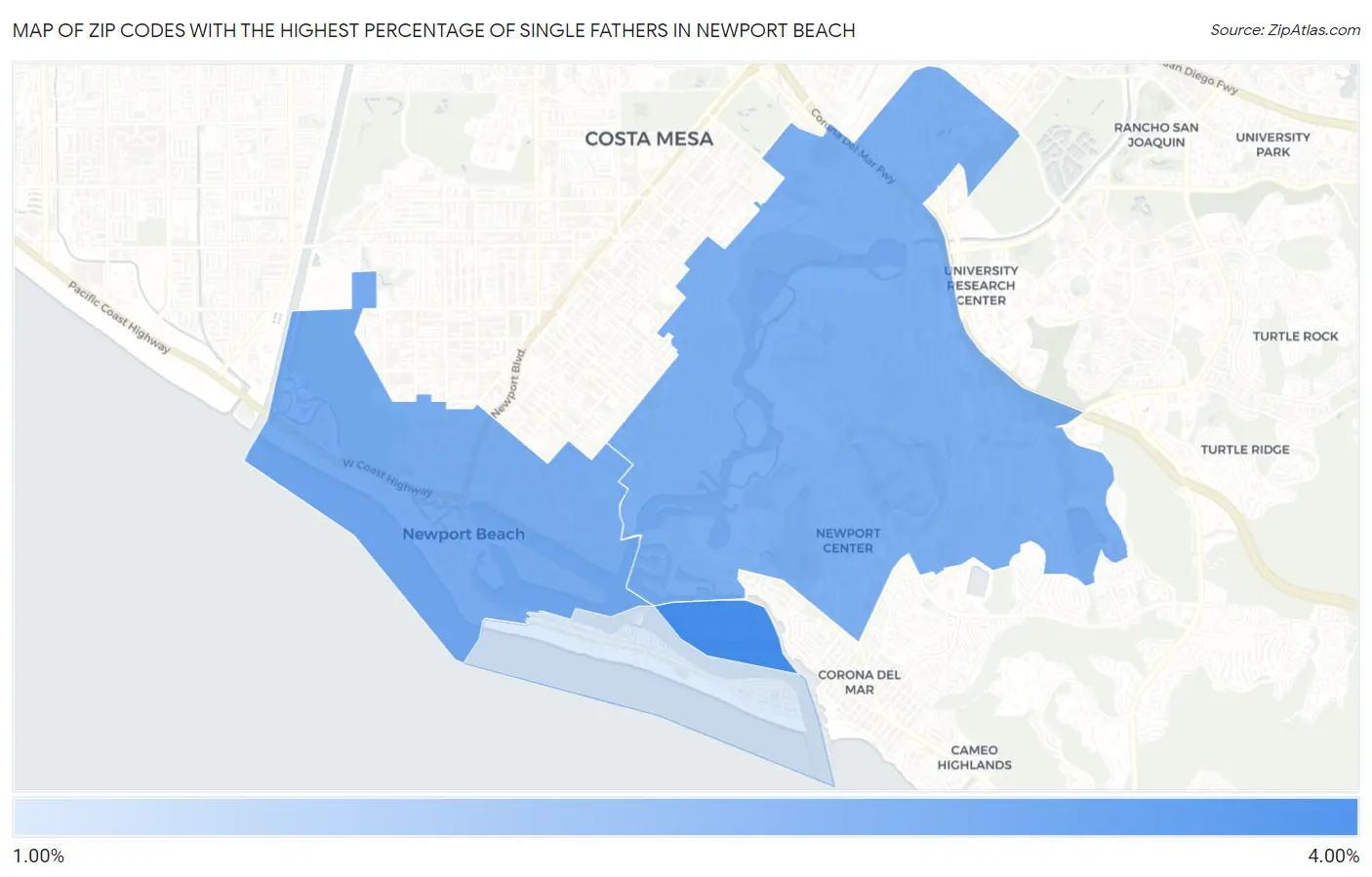 Zip Codes with the Highest Percentage of Single Fathers in Newport Beach Map