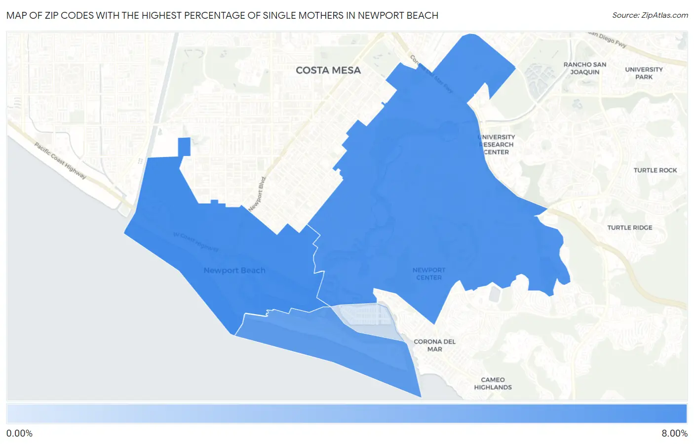 Zip Codes with the Highest Percentage of Single Mothers in Newport Beach Map
