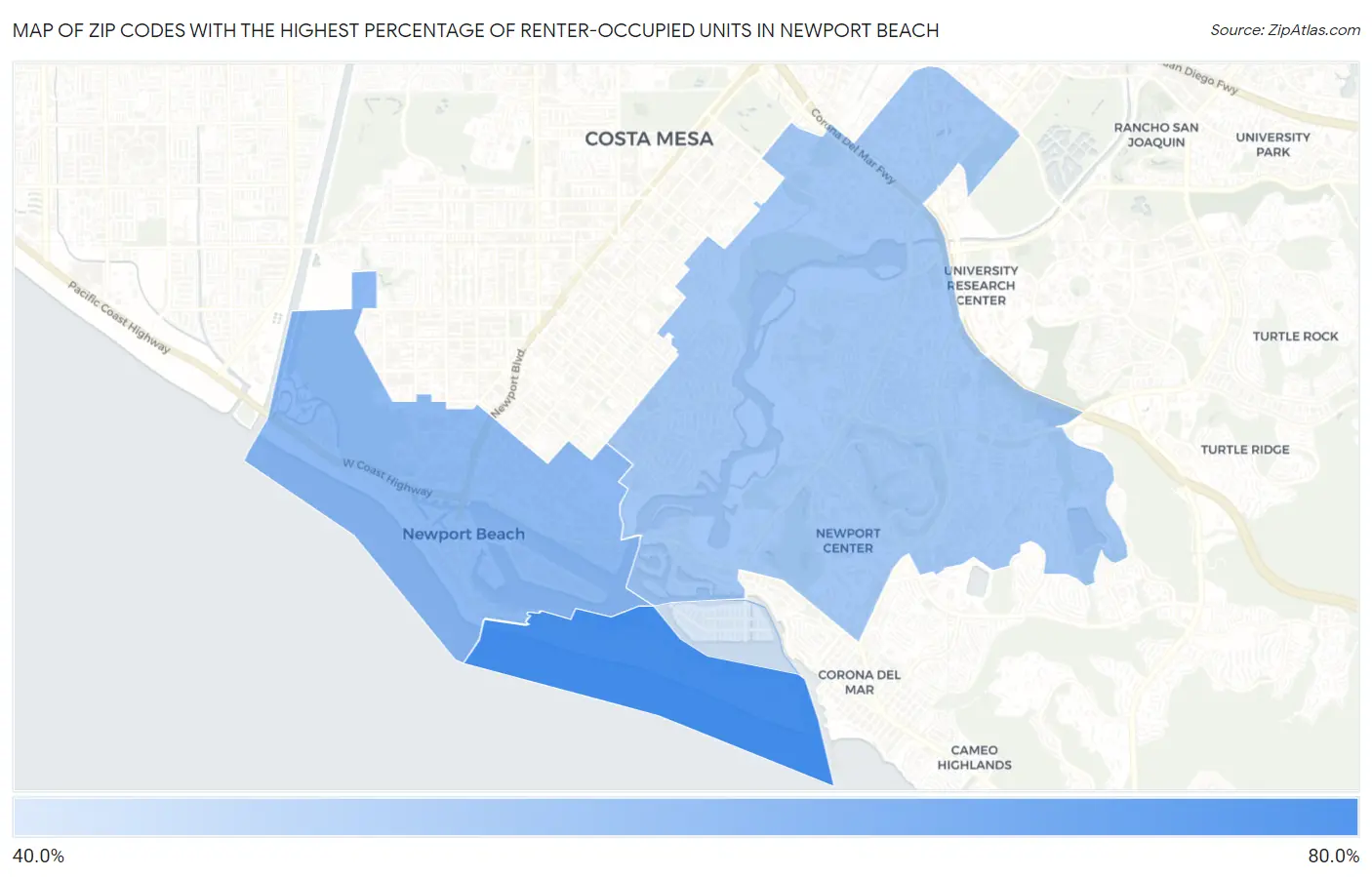 Zip Codes with the Highest Percentage of Renter-Occupied Units in Newport Beach Map