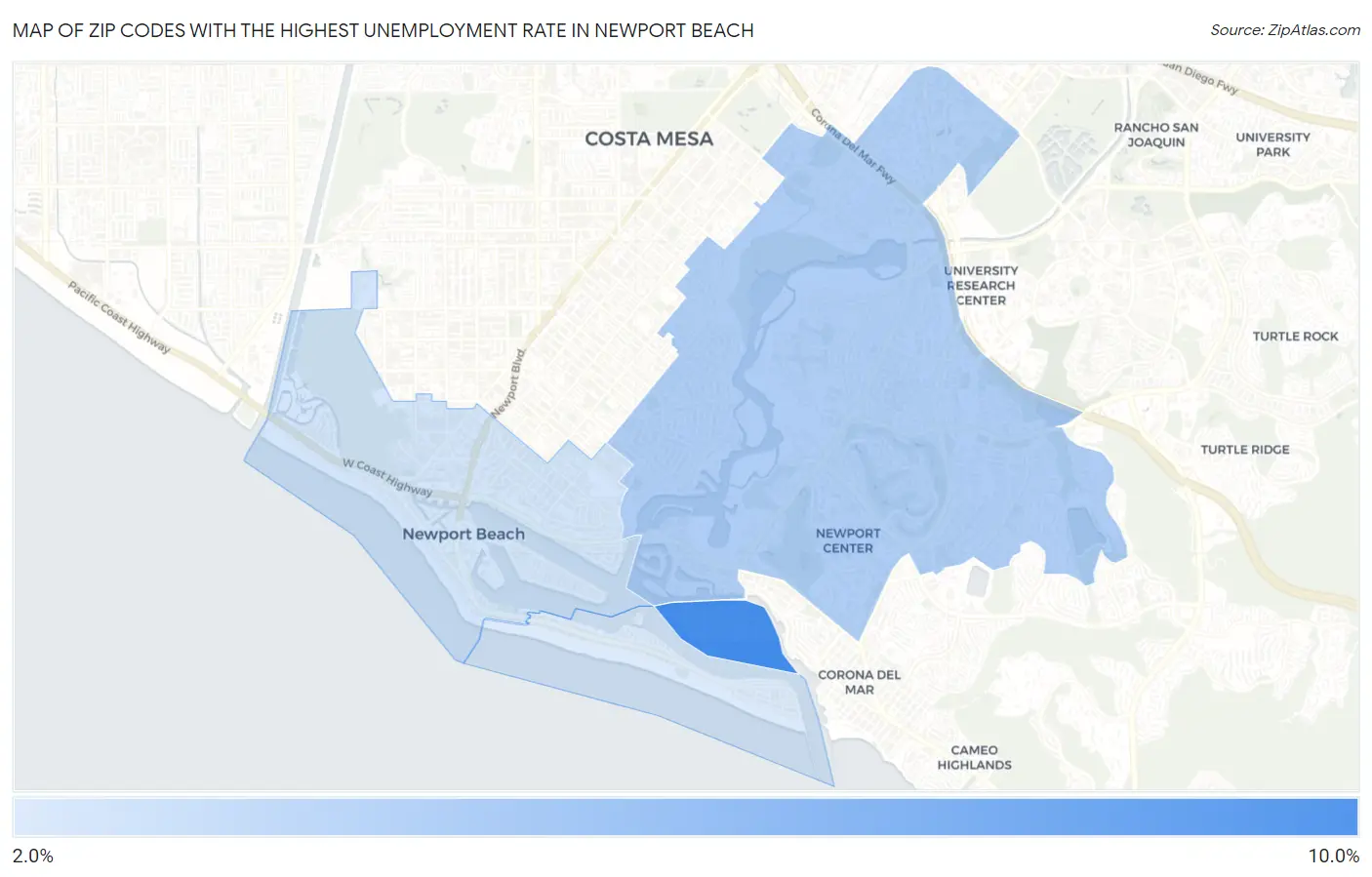 Zip Codes with the Highest Unemployment Rate in Newport Beach Map