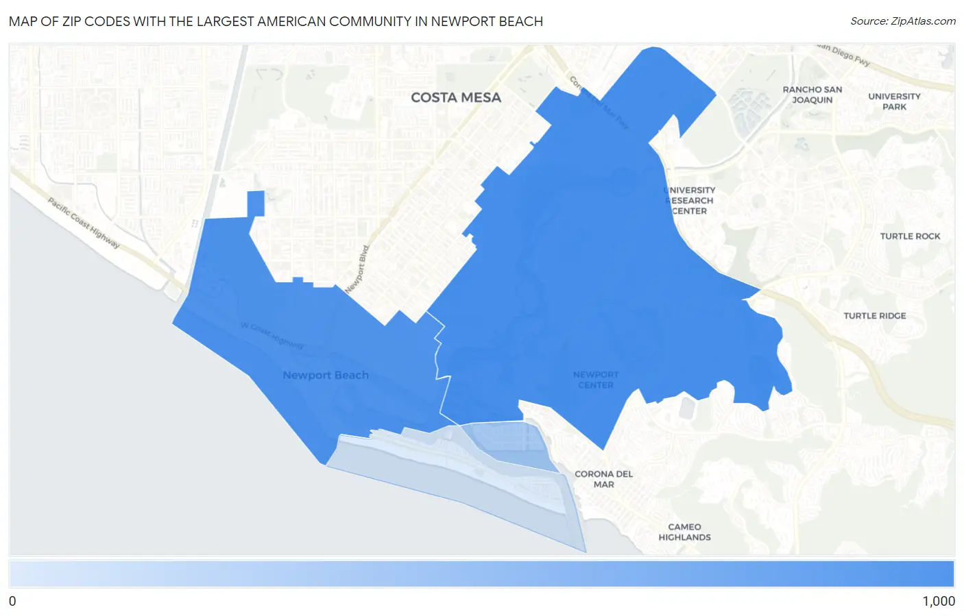 Zip Codes with the Largest American Community in Newport Beach Map