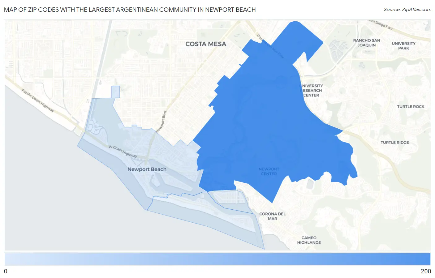 Zip Codes with the Largest Argentinean Community in Newport Beach Map