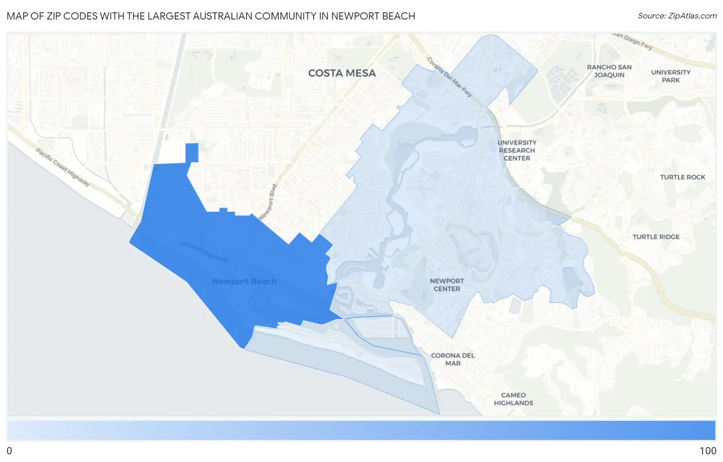 Zip Codes with the Largest Australian Community in Newport Beach Map