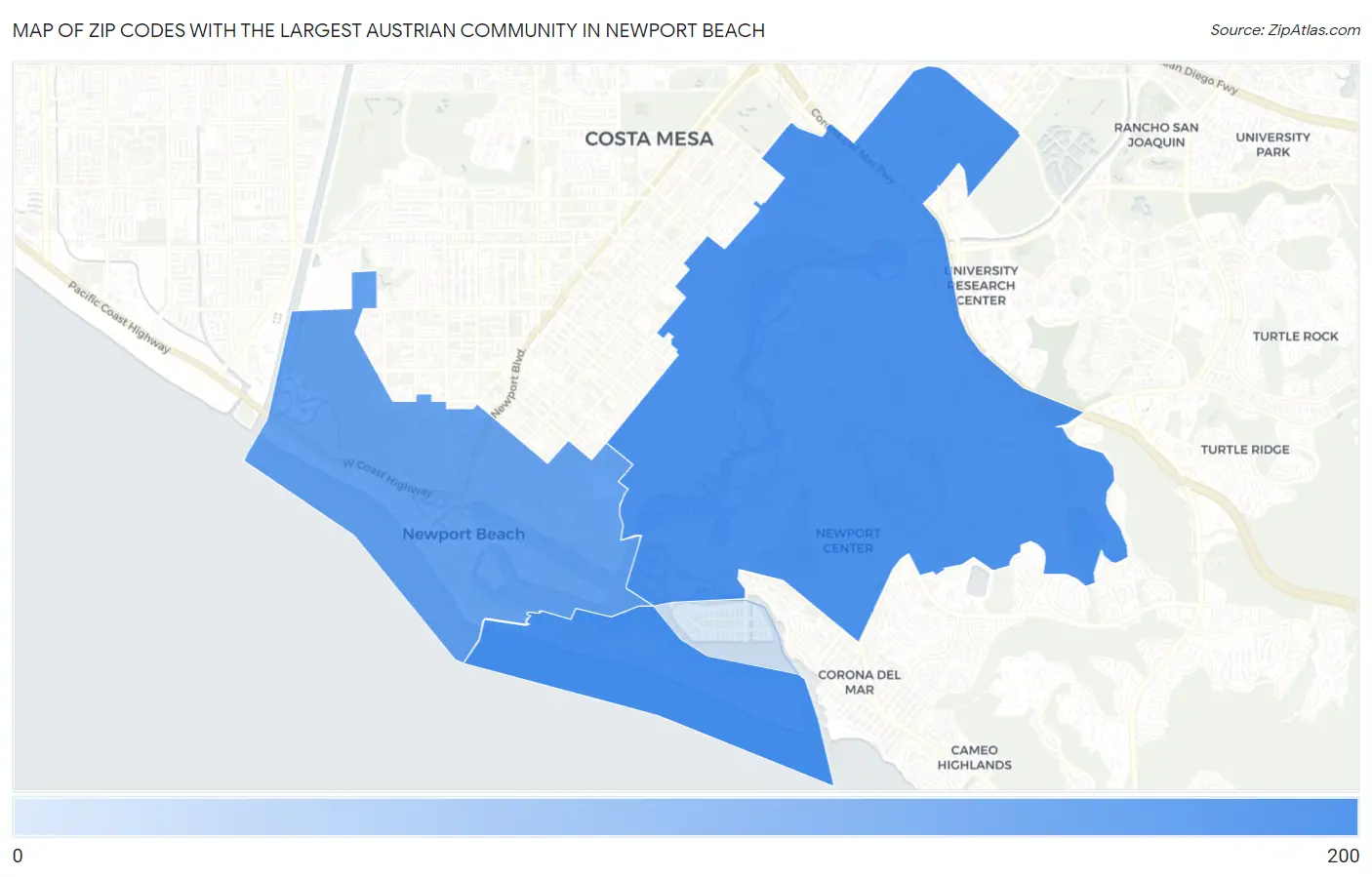 Zip Codes with the Largest Austrian Community in Newport Beach Map